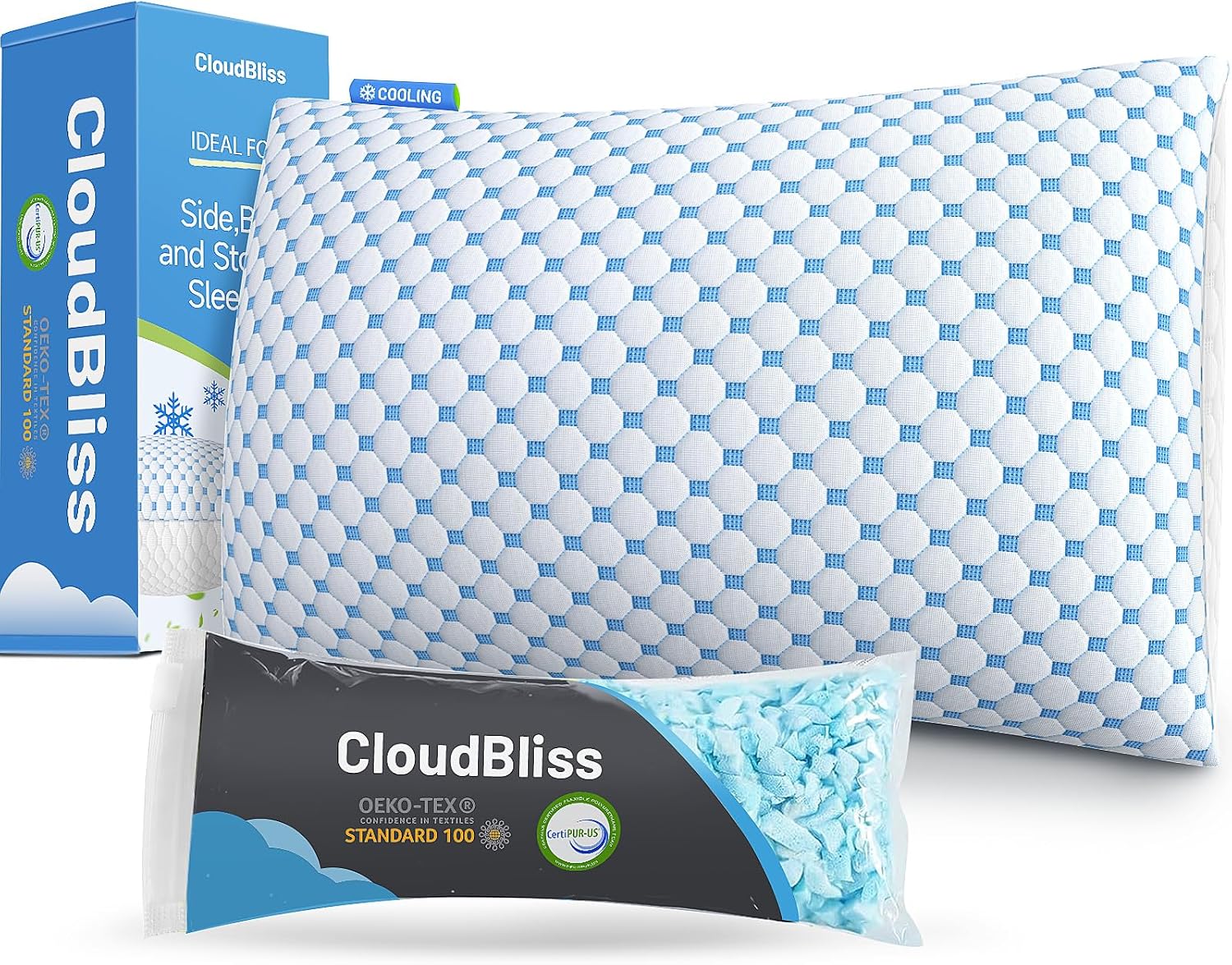 CloudBliss Shredded Memory Foam Pillow for Sleeping - Adjustable Cooling Pillow with Breathable Washable Cover, CertiPUR-US Certified, 1…