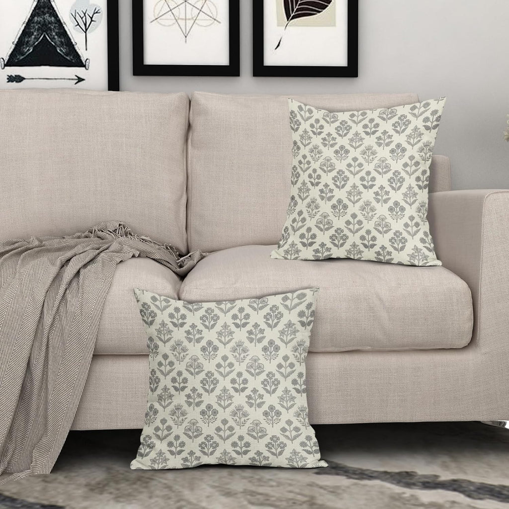 Grey Gray Floral Pillow Covers 18x18 Inch Set of 2, Vintage Flower Block Print Pattern Decorative Throw Pillowcases Outdoor Farmhouse…