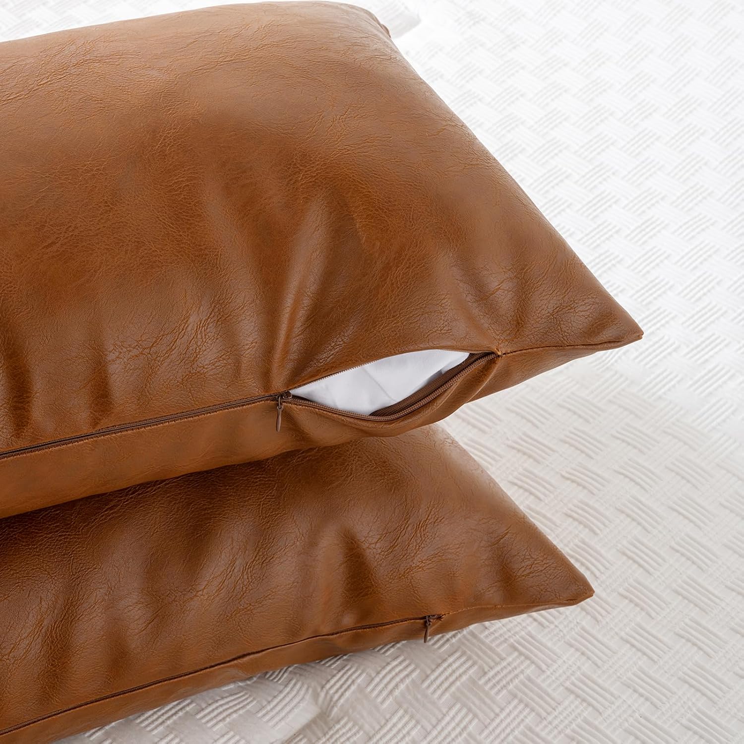 Fancy Homi Brown Boho Long Lumbar Faux Leather Body Decorative Throw Pillow Cover 14x36 Inch for Bedroom Couch Bed Bench, Thick Stylish…