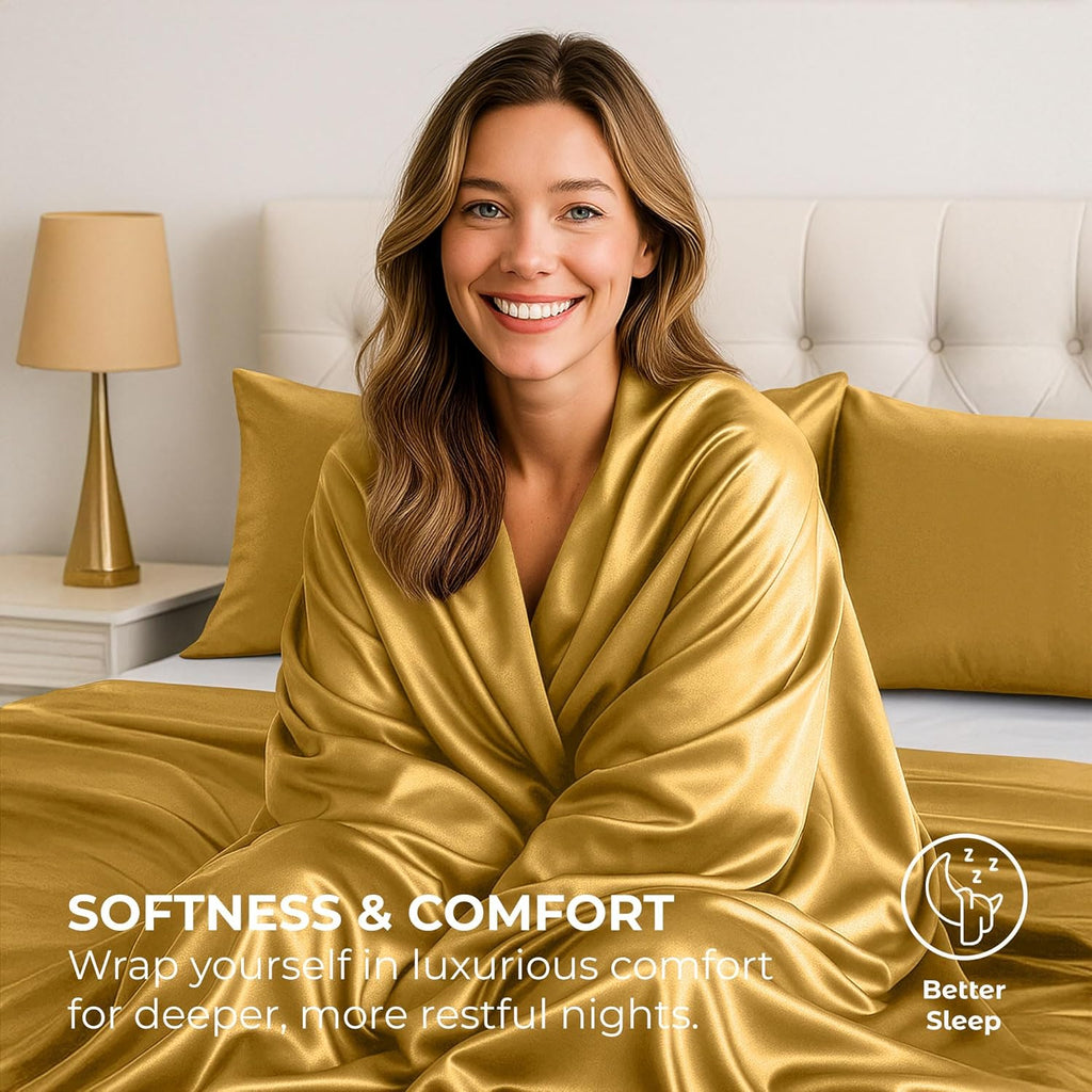 PureBedding Satin Sheets California King [4-Piece, Gold] Luxury Silky Bed Sheets - Extra Soft 1800 Microfiber Sheet Set, Wrinkle, Fade, Sta…