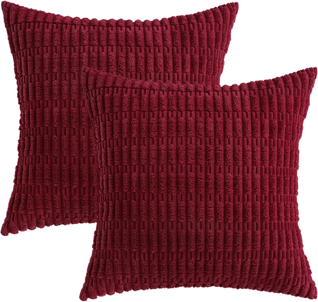 Miulee Pack of 2 Burgundy Corduroy Decorative Pillow Covers 18x18 Inch Soft Boho Striped Throw Pillow Covers Modern Farmhouse Home Decor fo…