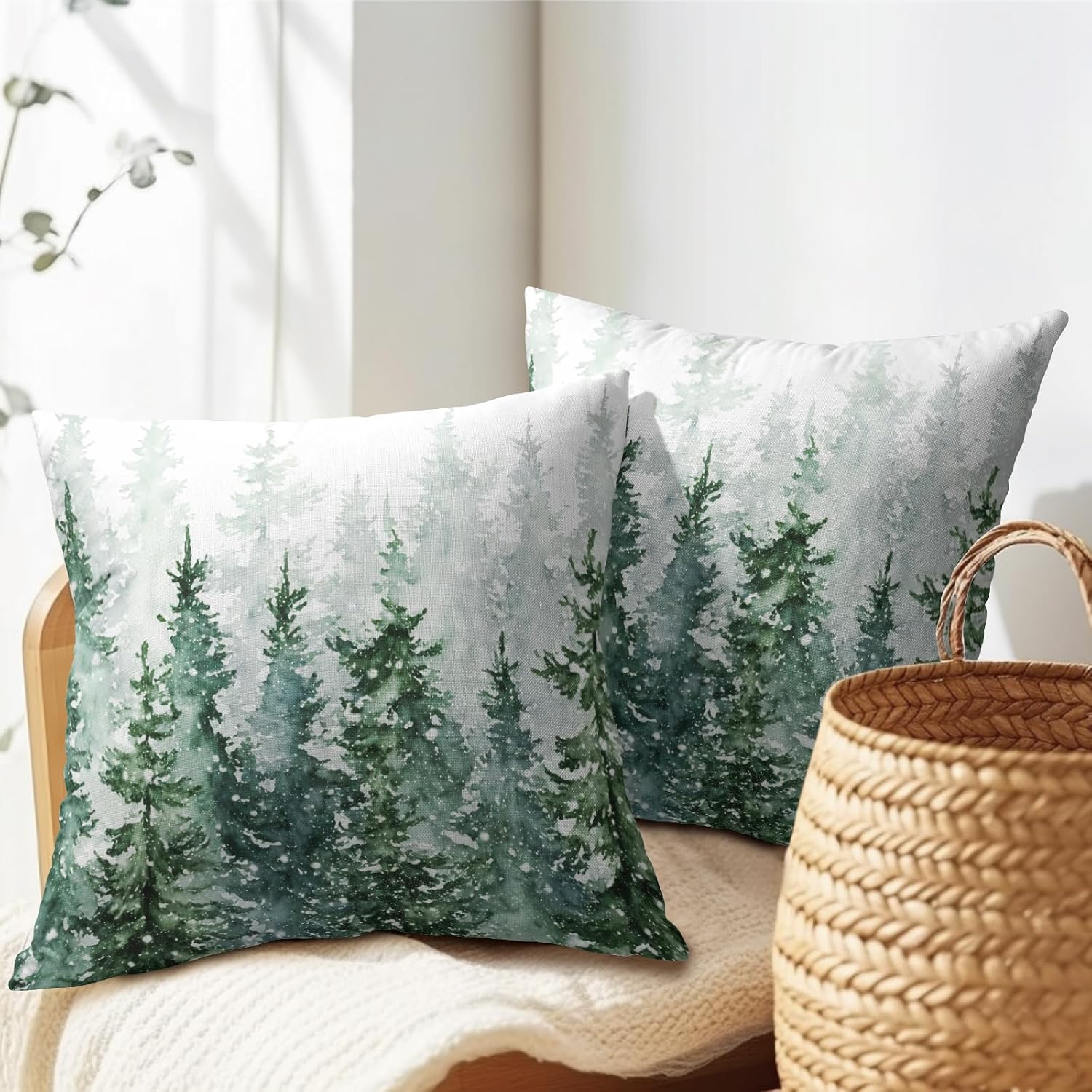 Granbey Winter Forest Pillow Covers 16x16 Inch 2Pcs Watercolor Green Misty Pine Tree Nature Landscape Throw Pillows Cover Mountain Square C…