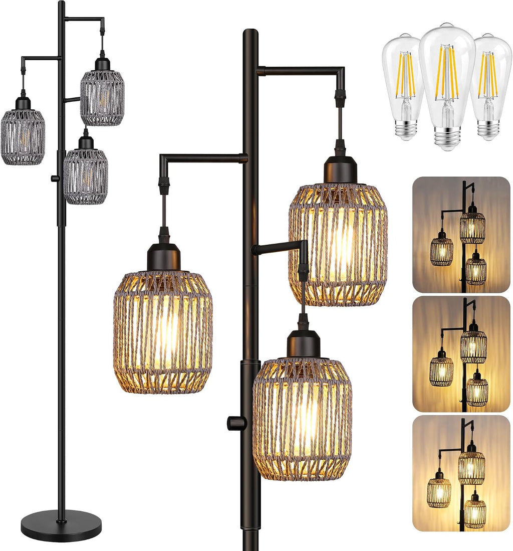 ROTTOGOON Dimmable Boho Floor Lamp - 3 Light Farmhouse Rattan Floor Lamp for Living Room, Industrial Tree Floor Lamps with 3 X 6W LED…