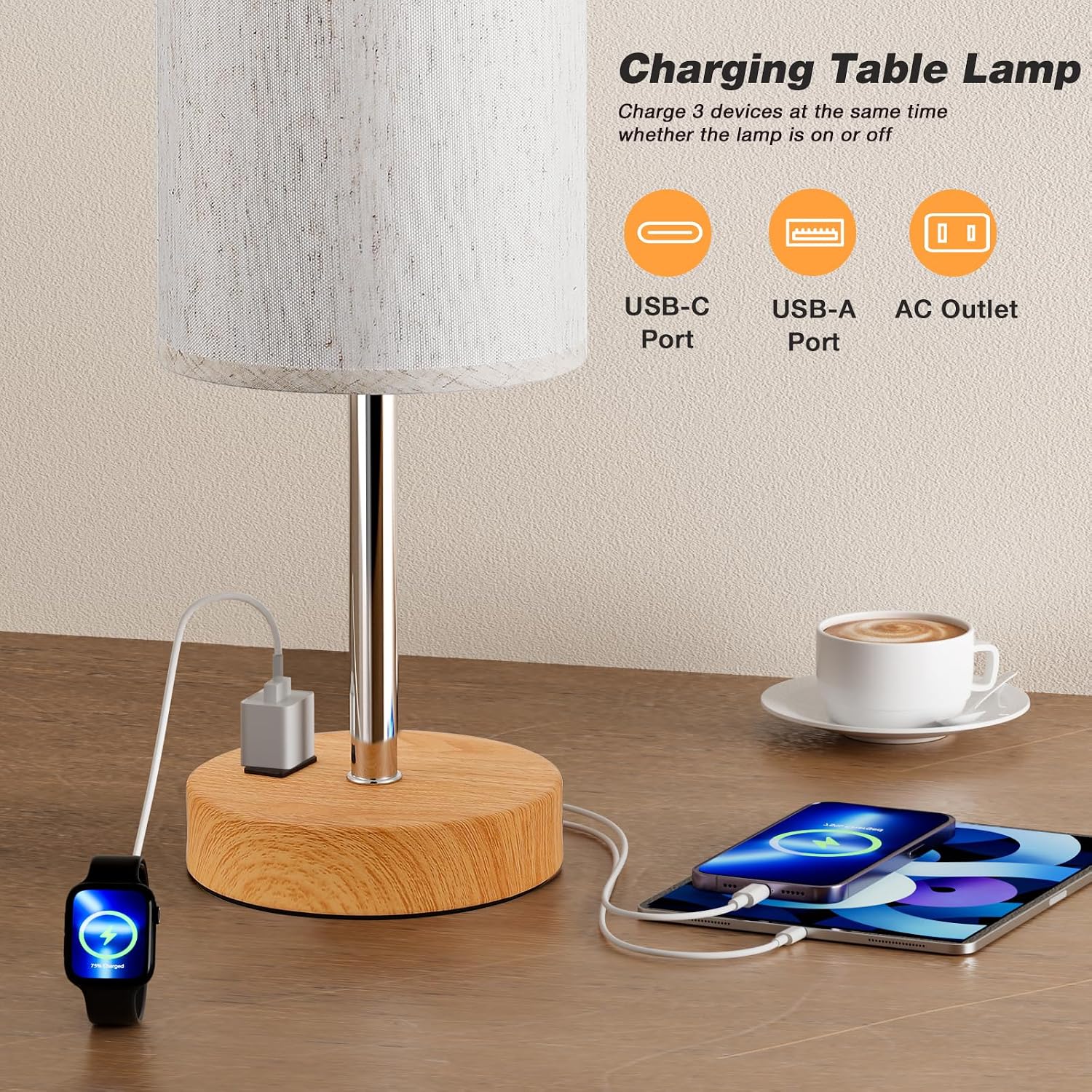 Fenmzee Touch Table Lamp - Cream, 3-Way Dimmable, USB A + C Charging, AC Outlet, 17.4inch Medium, Wood Grain Base