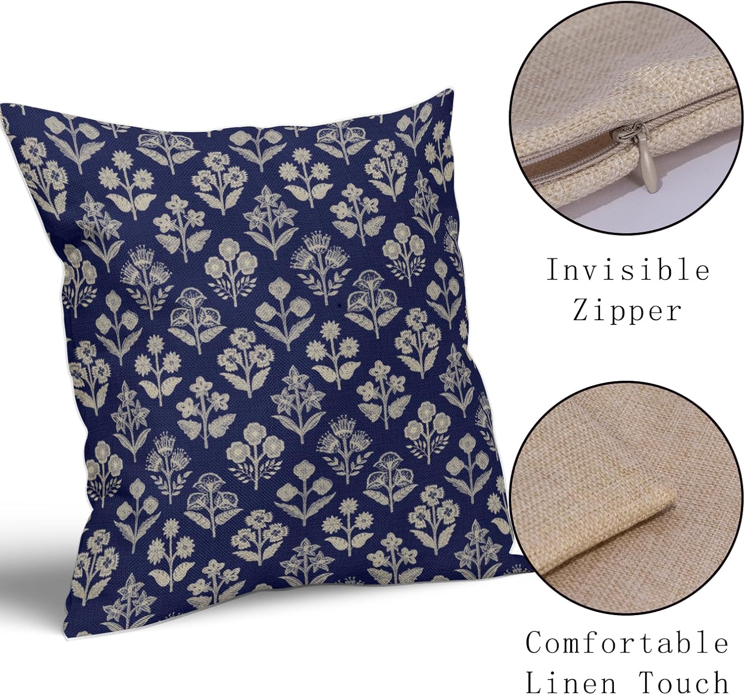 Navy Blue Floral Block Print Pillow Covers 18x18 Inch Set of 2, Vintage Flower Pattern Decorative Throw Pillowcases Outdoor Farmhouse…