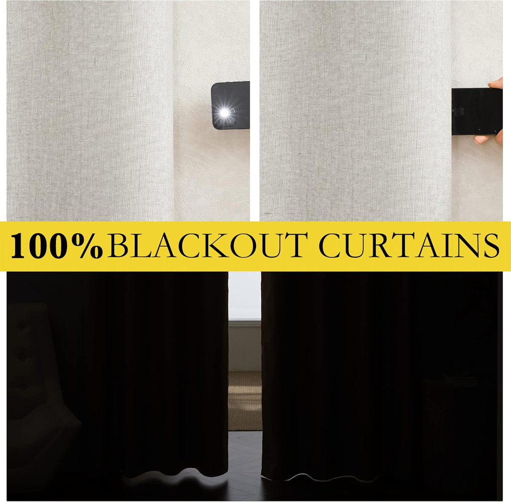 NICETOWN 100% Blackout Linen Texture Curtains 90 inches Long, Ivory, 2 Pcs, Thermal Insulated Full Blackout 2-Layer Lined Drapes, Energy…