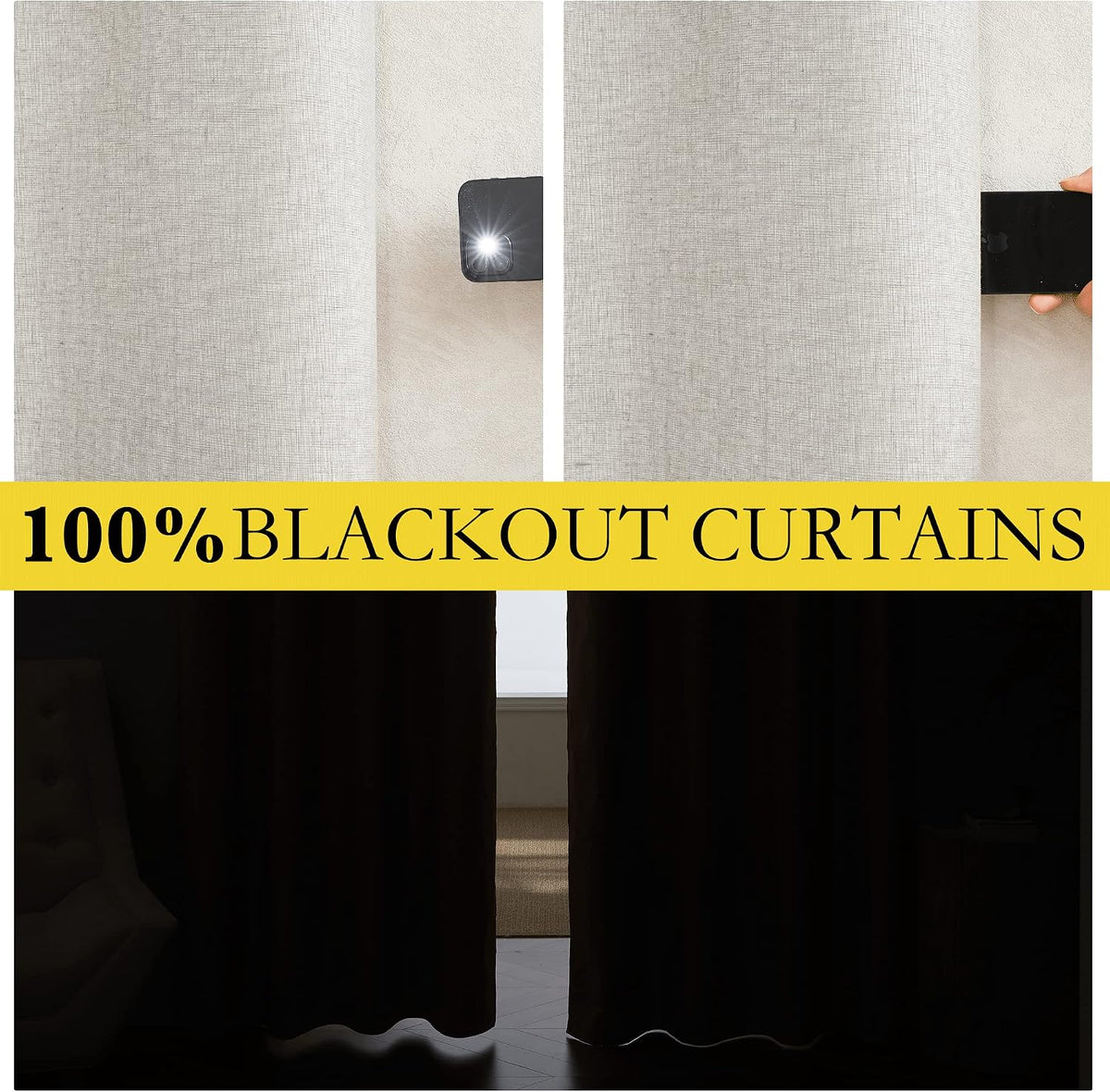 NICETOWN 100% Absolutely Blackout Linen Curtains with Thermal Insulated White Liner, Ivory, W62, 2 Pieces, Noise Reducing Textured Linen…