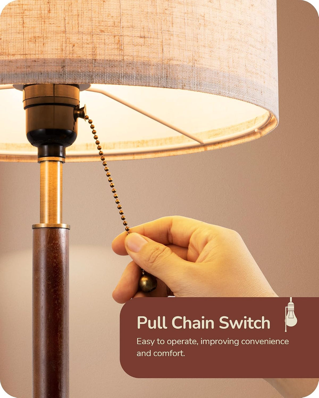 EDISHINE Mid Century Table Lamp, Bedside Lamp with Pull Chain Switch, Solid Wood & Metal Pole, Modern Nightstand Table Lamp for Living…