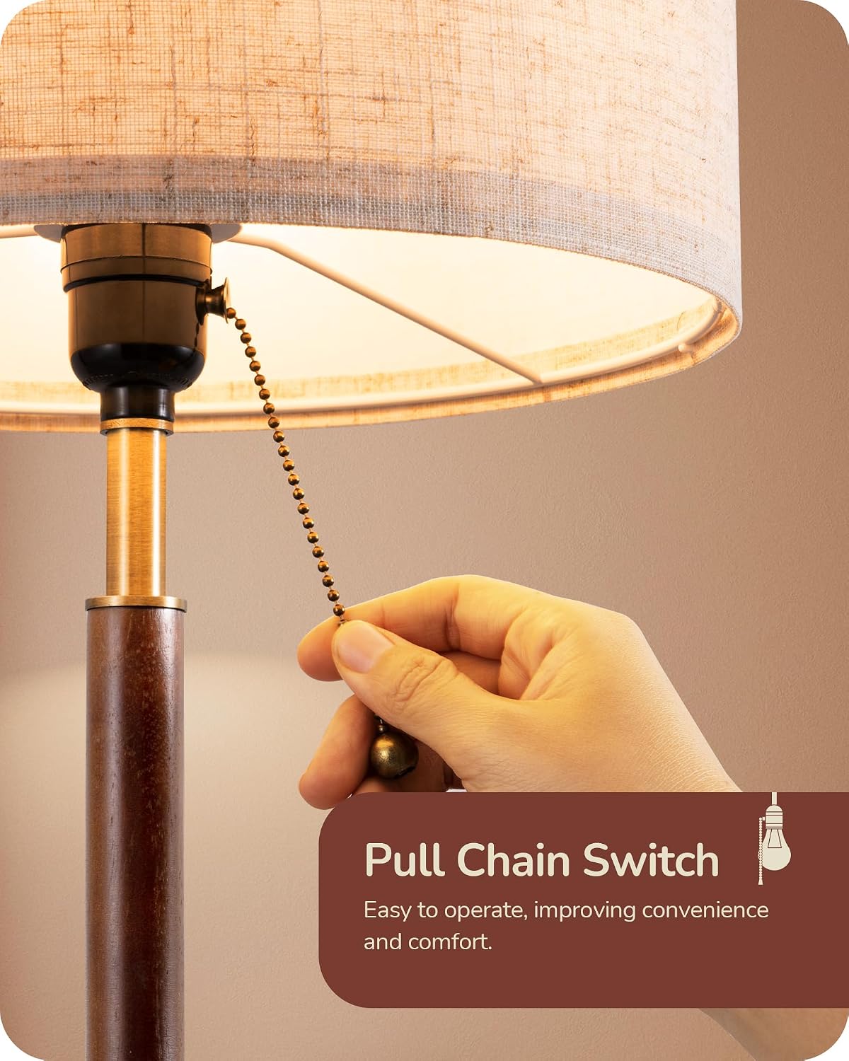 EDISHINE Mid Century Table Lamp, Bedside Lamp with Pull Chain Switch, Solid Wood & Metal Pole, Modern Nightstand Table Lamp for Living…