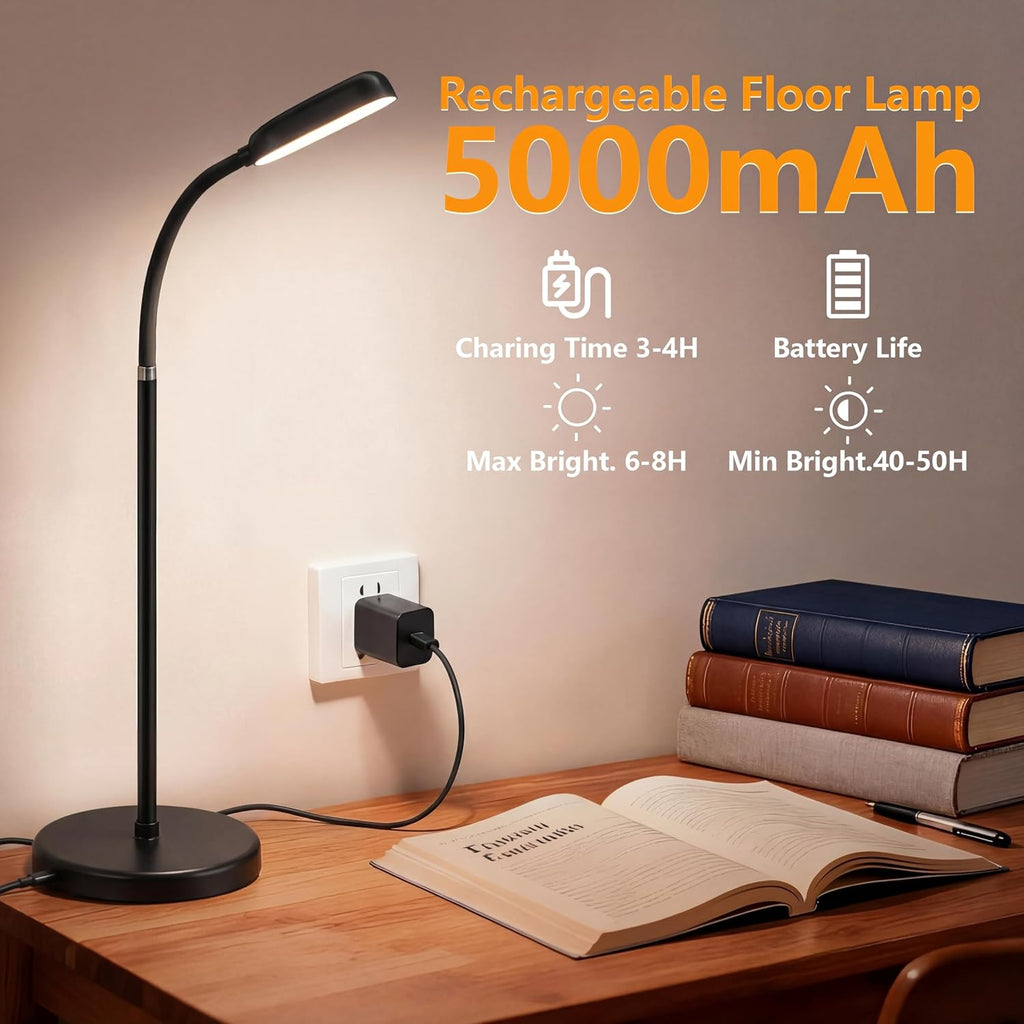 Cordless Portable Floor Lamp, Adjustable Gooseneck with Touch Switch, 3 Color Modes, Lightweight & Rechargeable for Living Room, Bedroom…