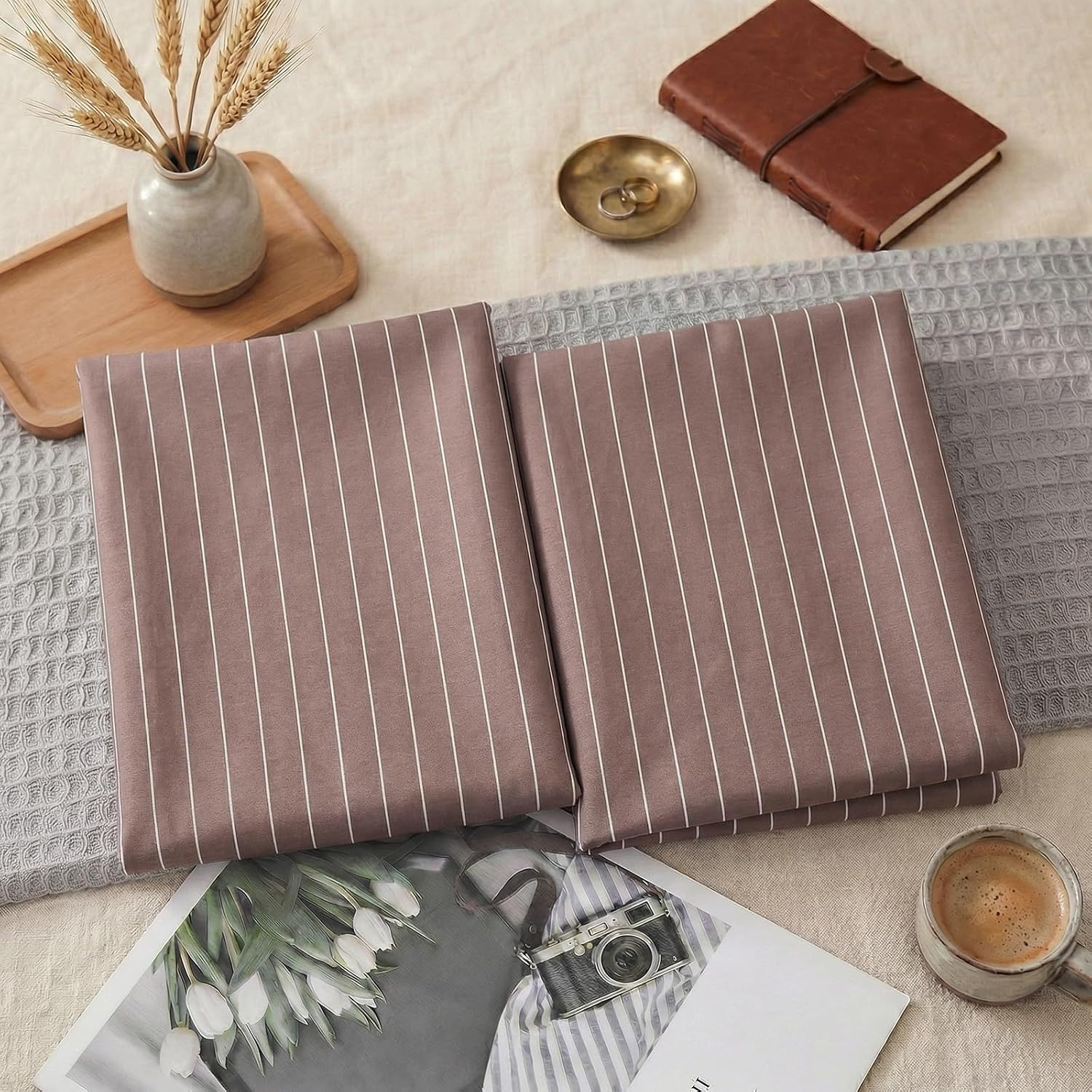 Merryword Brown Striped Pillowcases, 100% Cotton Pillow Cases, King Size Pillowcases, Luxury Linen Like Pillowcase, Soft Breathable Pinstri…