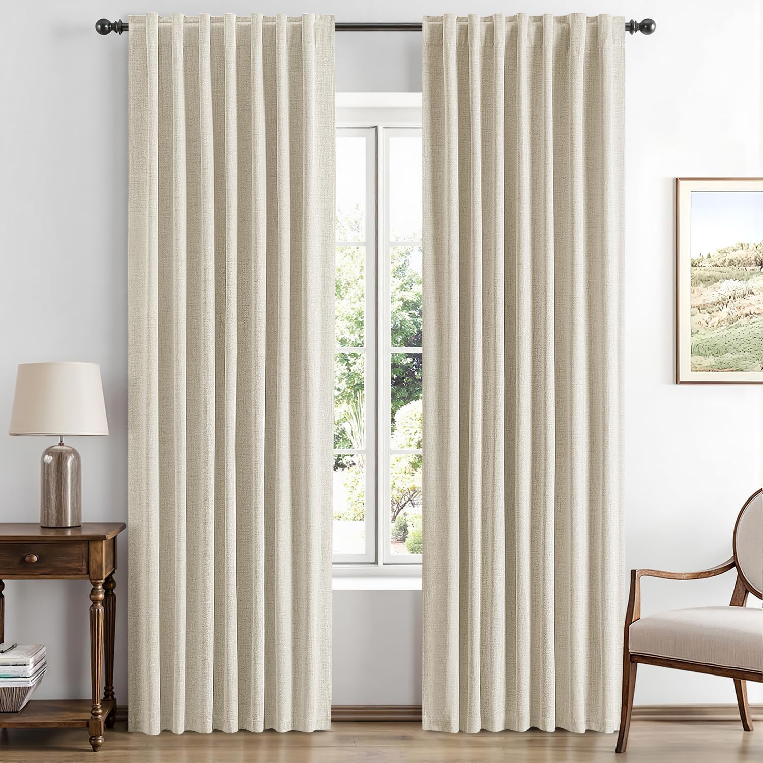 Miulee 100% Blackout Linen Curtains for Bedroom, Cream Solid Luxury Decor Thermal Insulation Room Darkening Drapes for Living Room Nursery…