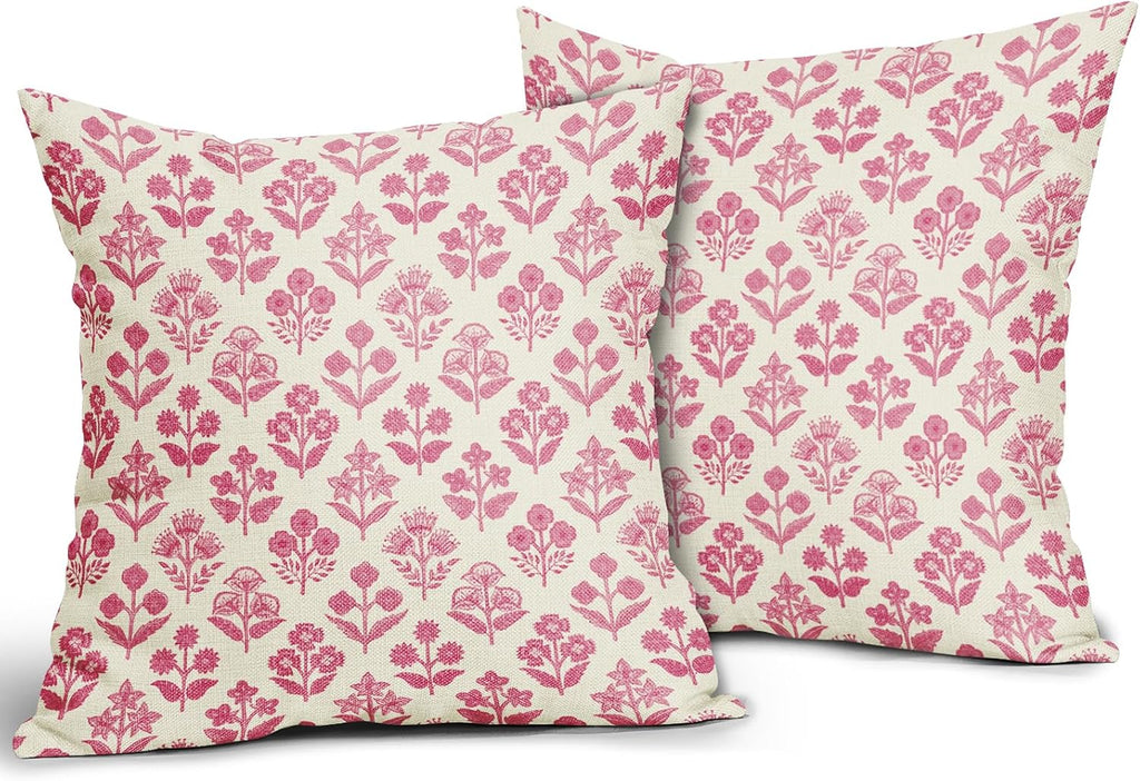 Hot Pink Floral Pillow Covers 18x18 Inch Set of 2, Vintage Flower Block Print Pattern Decorative Throw Pillowcases Outdoor Farmhouse…