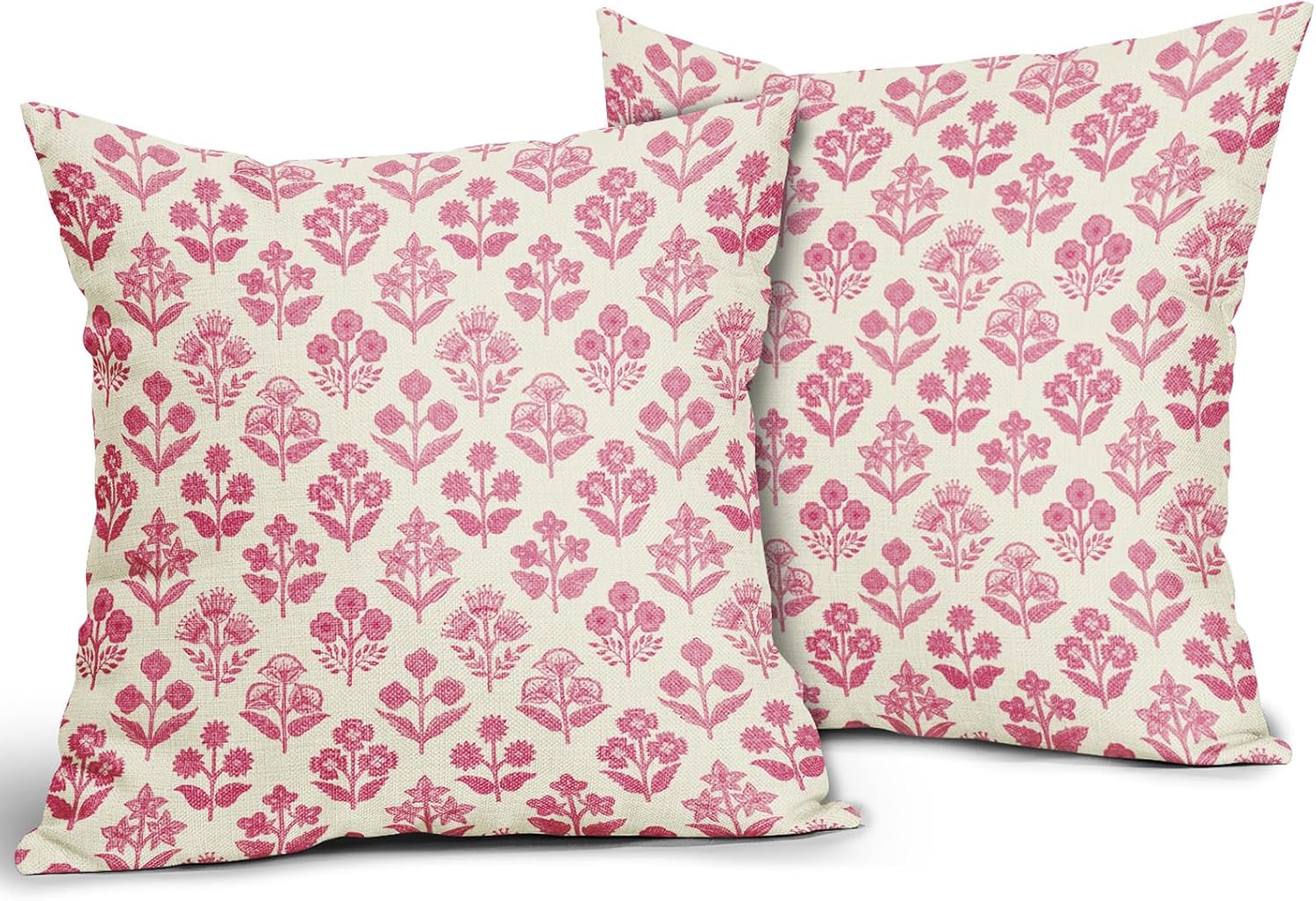 Hot Pink Floral Pillow Covers 18x18 Inch Set of 2, Vintage Flower Block Print Pattern Decorative Throw Pillowcases Outdoor Farmhouse…