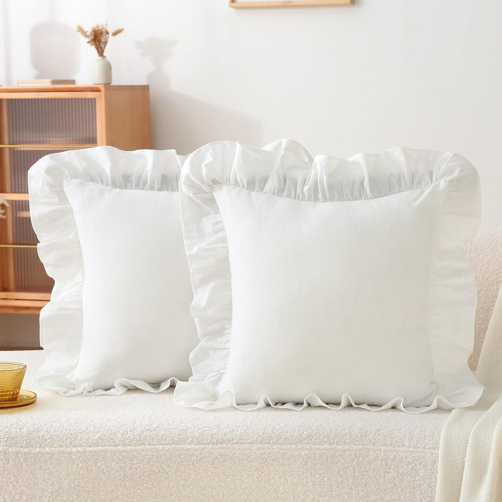 Jilboo Ruffle Throw Pillow Covers - 2 Pack 18 x18 inches Off White 100% Washed Cotton Vintage Style Decorative Pillowcases with Zipper Clos…