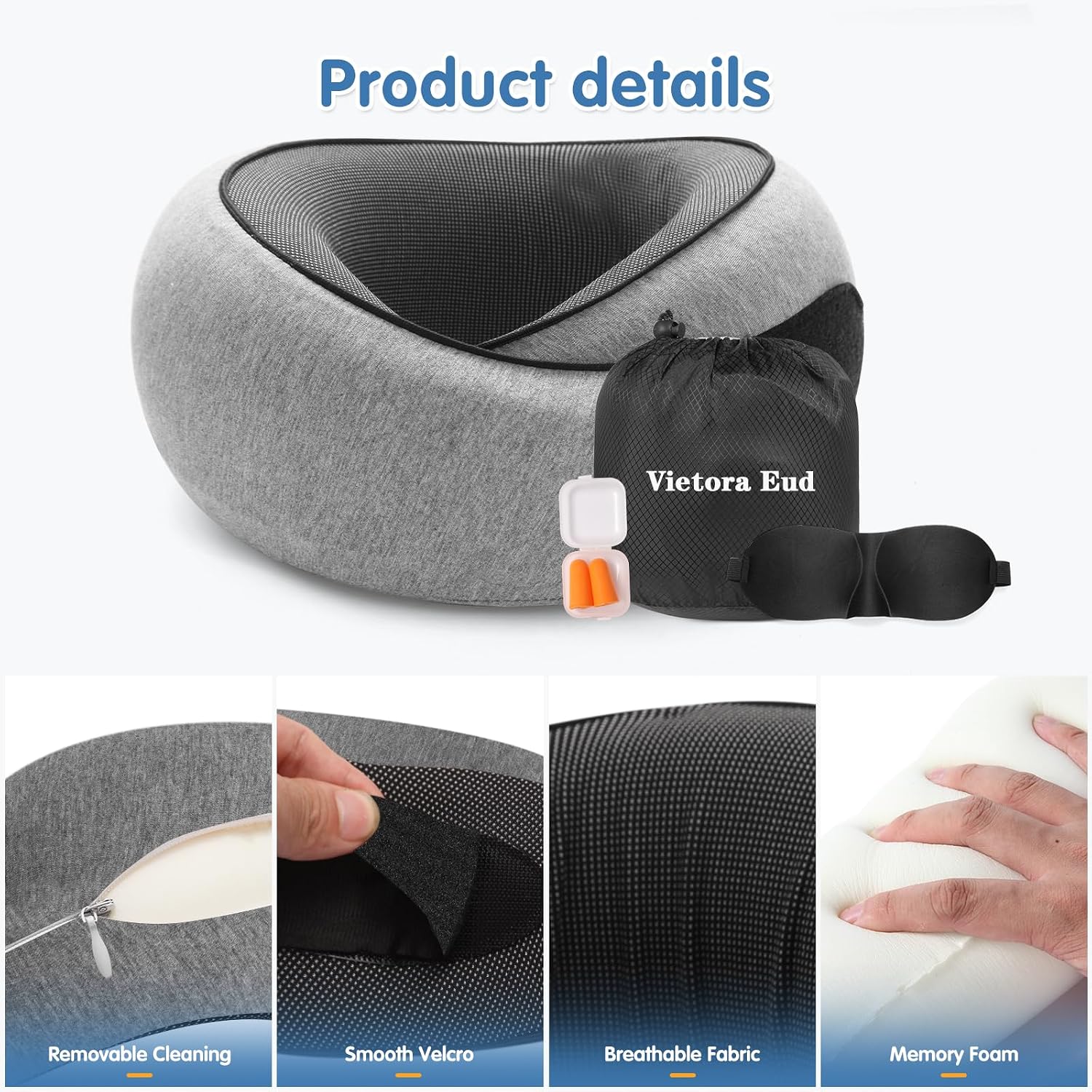 OrganizeItSimplifyYourSpac Travel Neck Pillow, Memory Foam Neck Support for Airplane, Car & Office, Breathable Portable Design with Eye Mas…