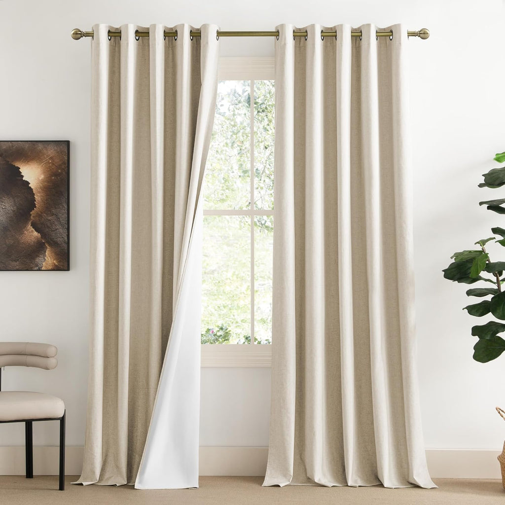 NICETOWN 100% Absolutely Blackout Linen Curtains with Thermal Insulated White Liner, Beige, W62, 2 Pieces, Noise Reducing Textured Linen…