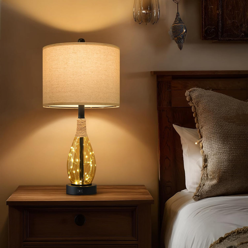 OYEARS 23" Table Lamps for Living Room Set of 2 Bedside Lamps for Night Stands Bedroom Lamps Farmhouse Rattan Boho Lamp Glass Nightlight…