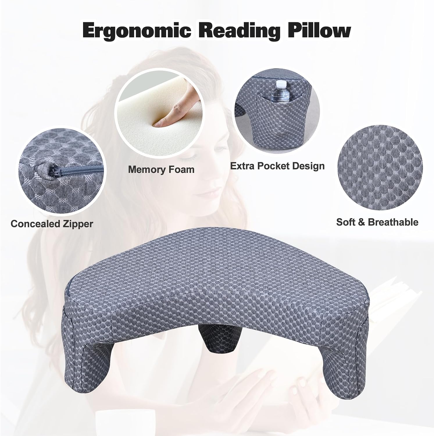 Reading Pillow with 2 Side Pockets, Arm Rest Pillow for Loptop, Memory Foam Reading Pillows for Gaming, Working, Crocheting, Removable and…