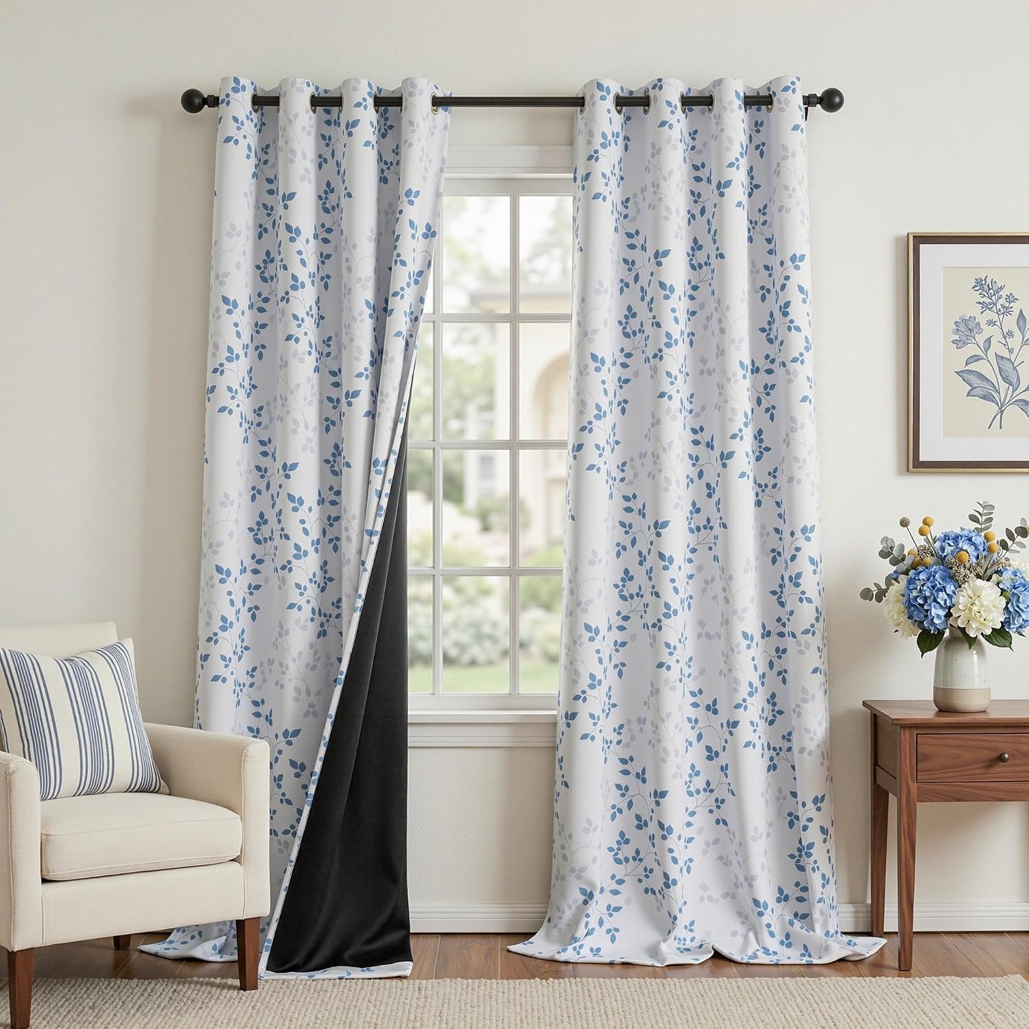 Meetsky Blue 95% Blackout Curtains for Living Room - Leaf Printed Grommet Thermal Insulated Sunlight Blocking Drapes, Privacy Assured Windo…