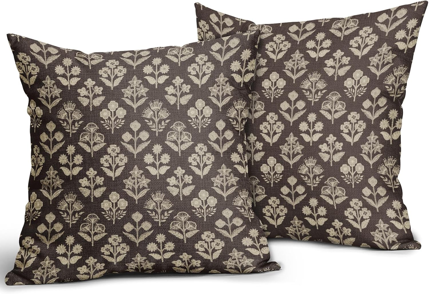 Dark Brown Floral Block Print Pillow Covers 18x18 Inch Set of 2, Vintage Flower Pattern Decorative Throw Pillowcases Outdoor Farmhouse…