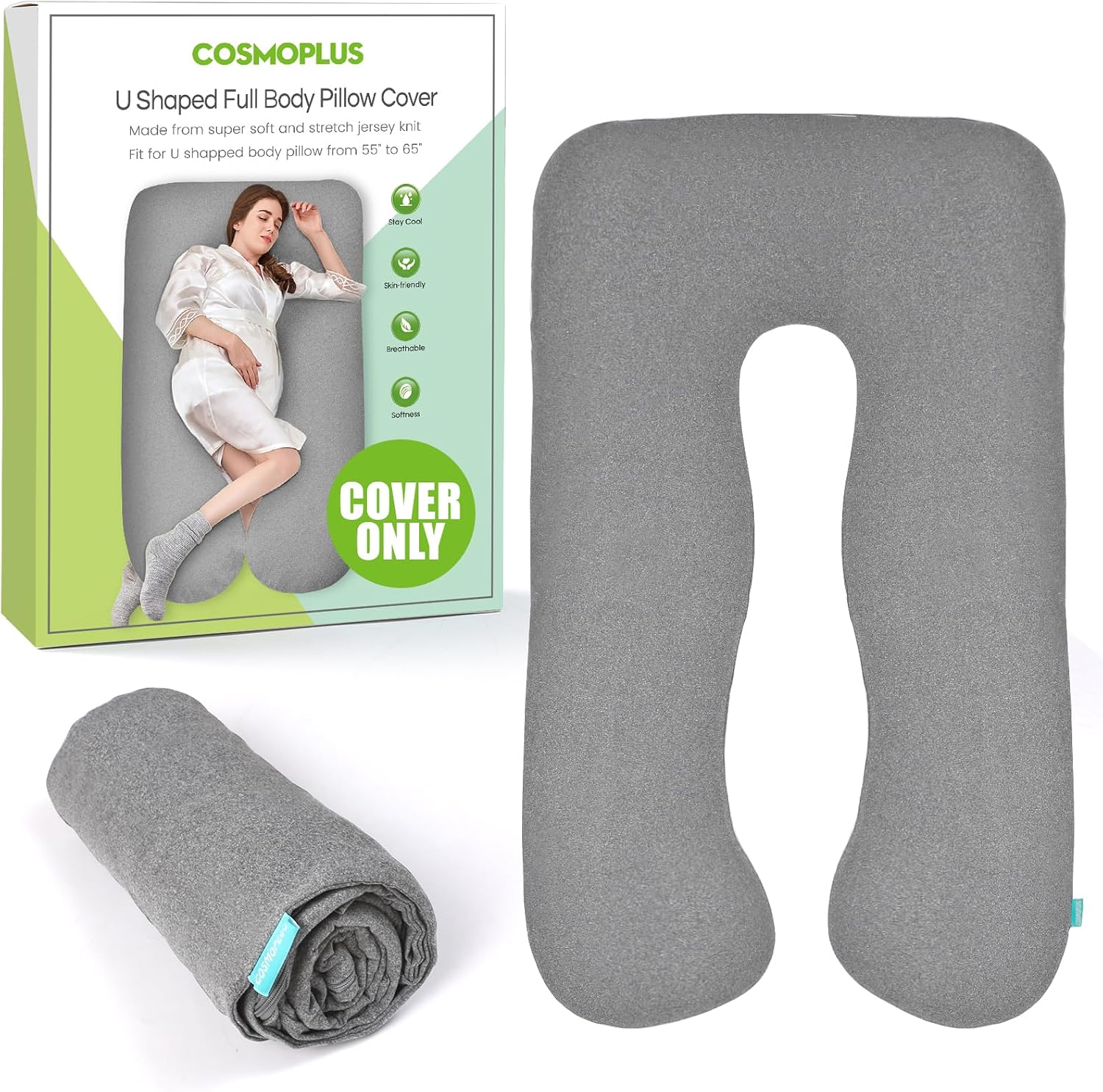 COSMOPLUS Pregnancy Pillow Cover U Shaped Full Body Pillow Case Cover for Maternity, Stretchy Cool Breathable Jersey Fabric, Provides Sleep…