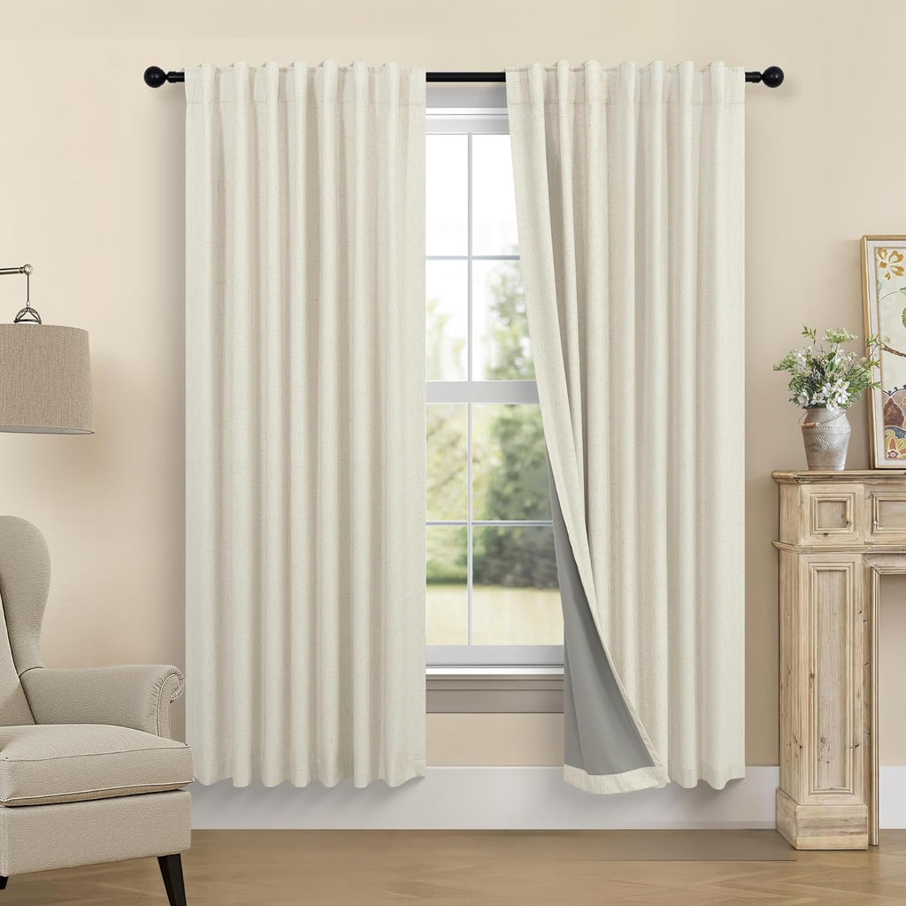 Pitalk Black Out Burlap Curtains 63 Inch Long Faux Linen Farmhouse Bedroom Blackout Curtain 63 Inches Length 2 Panels Set Energy Saving Noi…