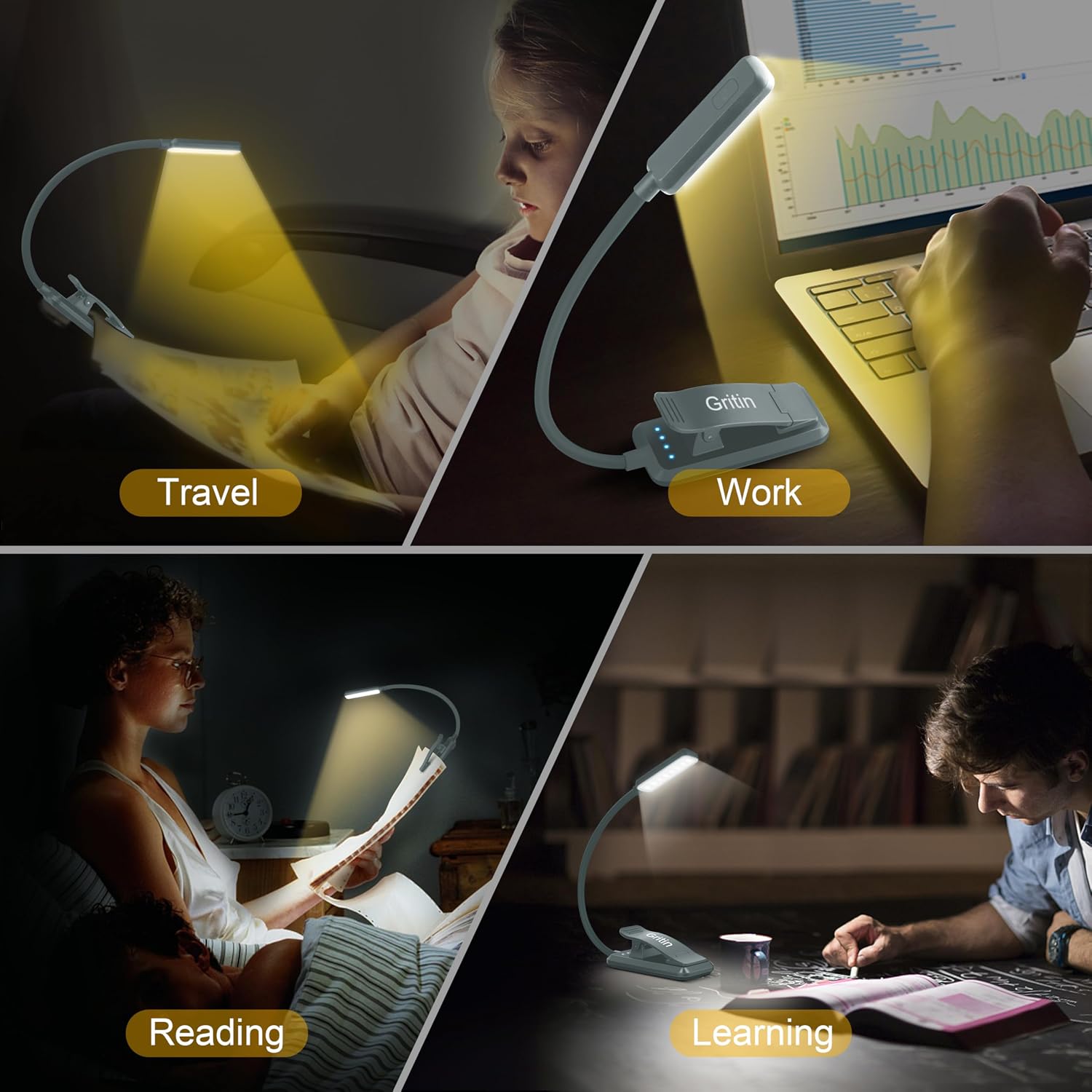 Gritin 9 LED Rechargeable Book Light for Reading in Bed - Eye Caring 3 Color Temperatures, Stepless Dimming Brightness,80 Hrs Runtime…