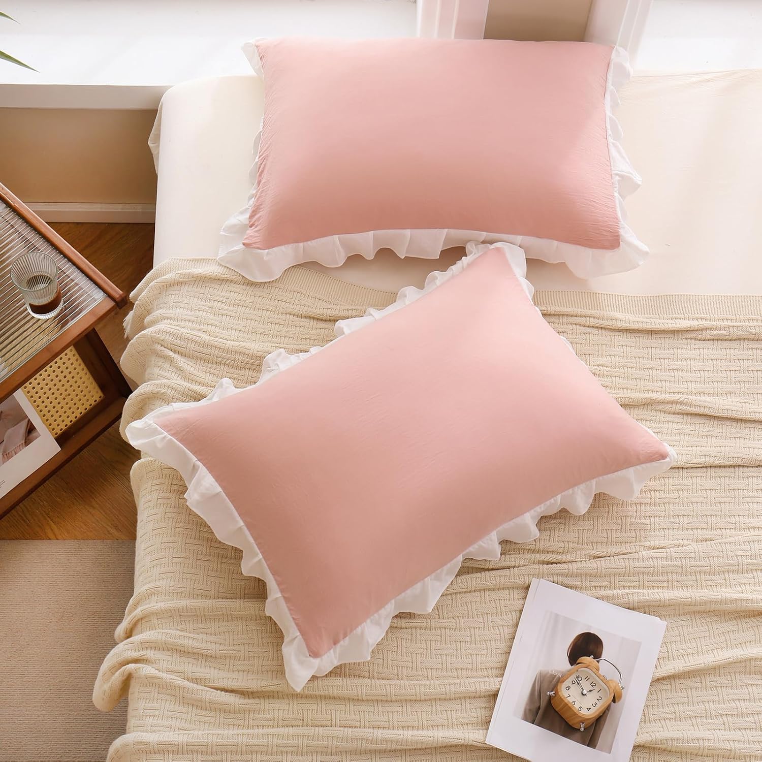 Merryword Pink Pillow Shams Standard Pillowcases 20x26inch Pink and White Reversible Cute Pillow Cover Set of 2 Soft Shabby Chic Ruffled Pi…
