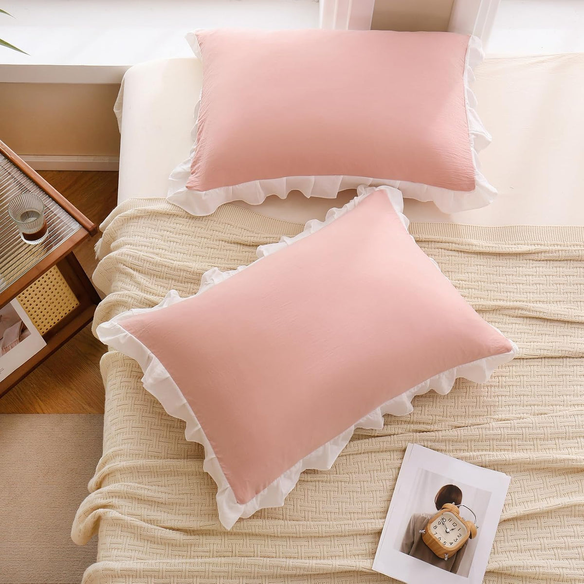 Merryword Pink Pillow Shams Pink and White Reversible King Pillowcases Cute Pillow Cover Set of 2 Soft Shabby Chic Ruffled Pillowcases 2 Pa…