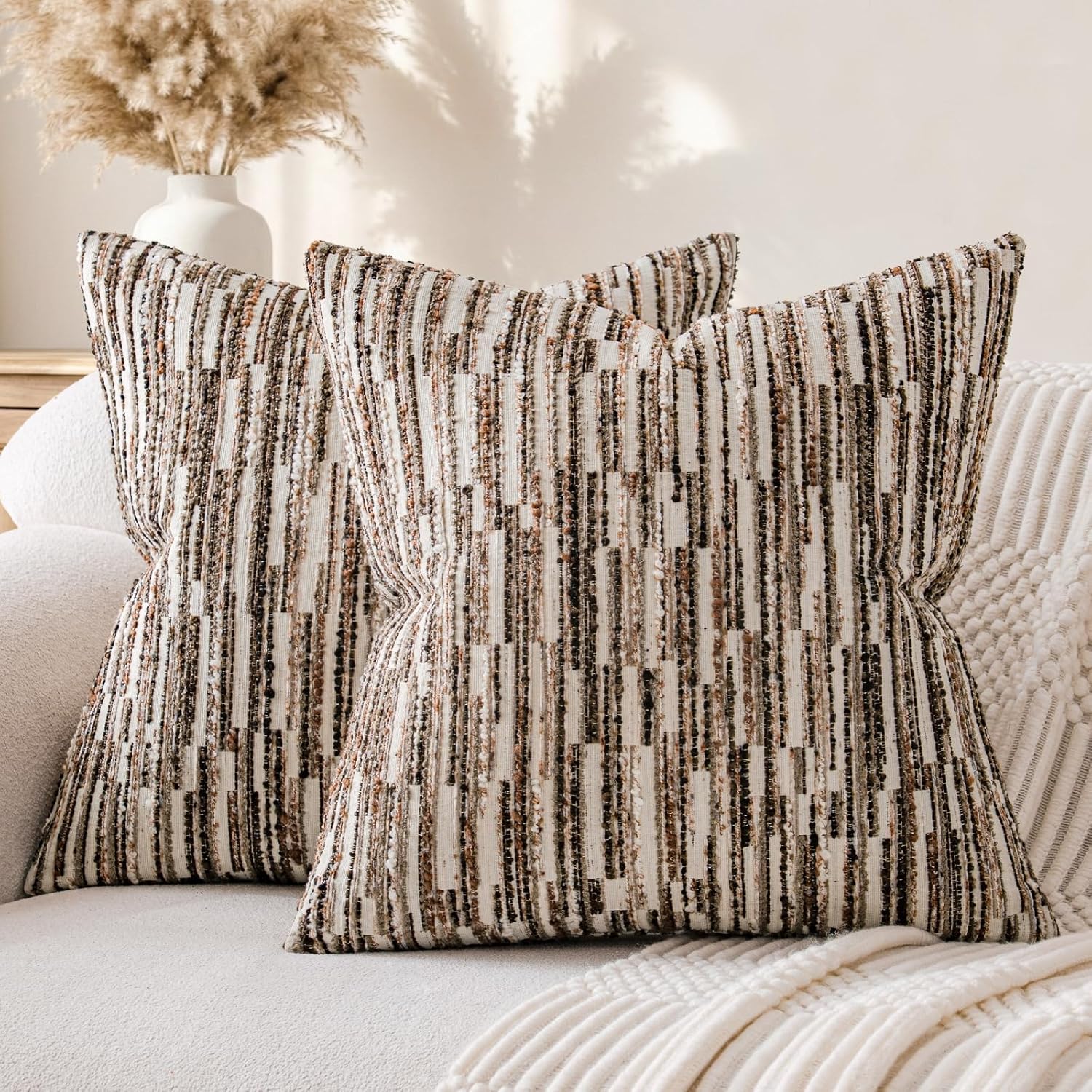 amoment a moment Boho Throw Pillow Covers Set of 2, Striped Decorative Rustic Farmhouse Pillow Cases, Aesthetic Modern Home Decor Couch Cushi…