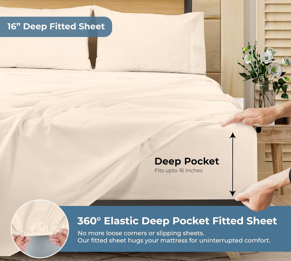 Royalelinens ROYALE LINENS 100% Organic Cotton King Sheet Set - Percale Weave - 4 Pieces Set - 1 Flat, 1 Deep Pocket Fitted Sheet and 2 Pil…