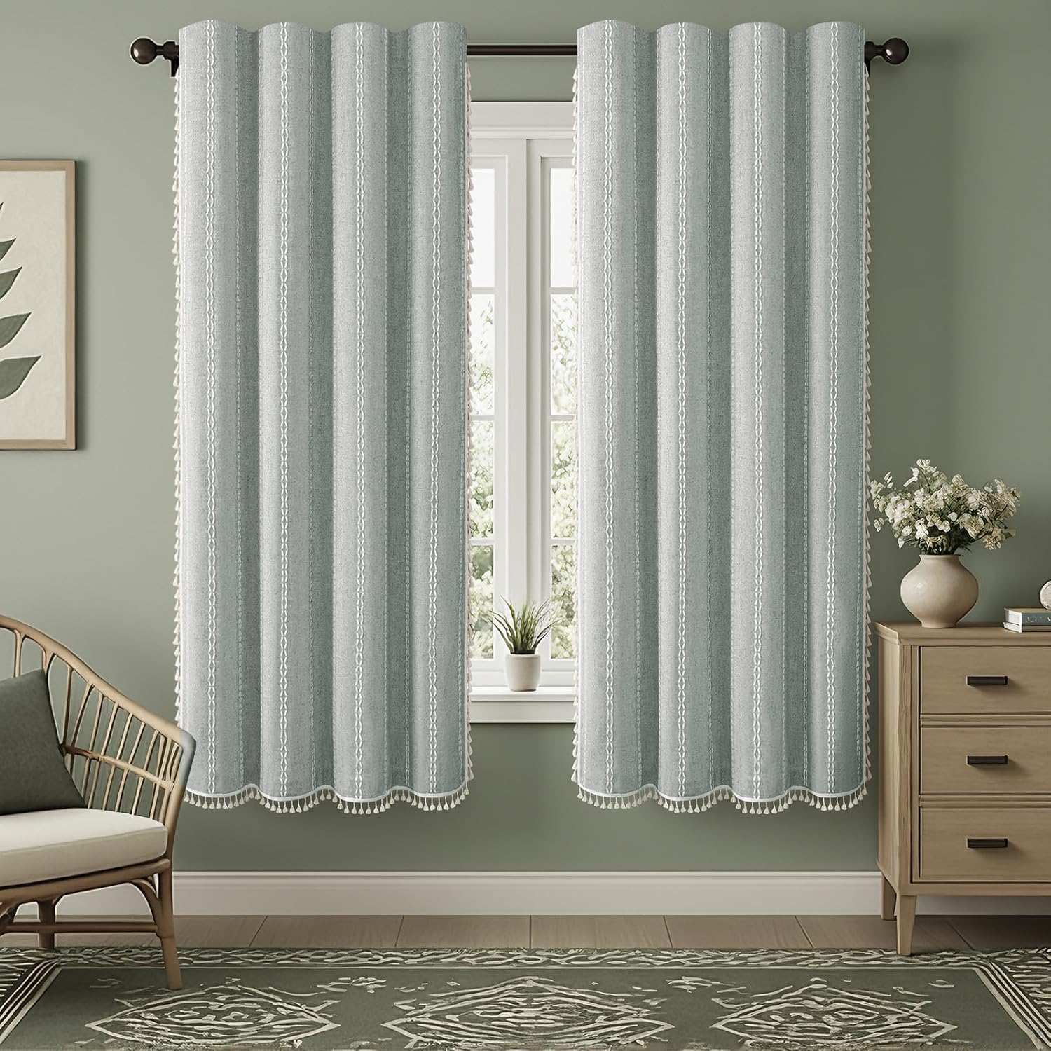 XOGUIBO Teal Boho Blackout Curtains 72 Inches Long Light Green Linen Blend 2 Panels with Tassels and Cotton Embroidery, Farmhouse Vi…