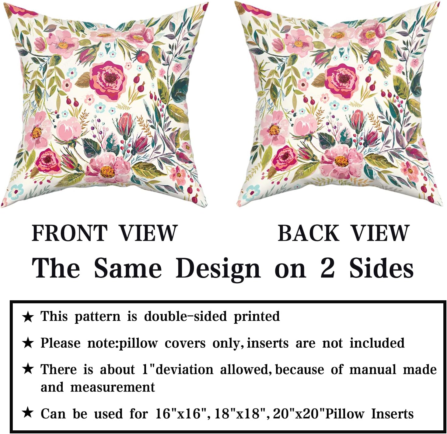 Spring Summer Flower Throw Pillow Covers 20X20 Inch Watercolor Peony Pillowcase Hot Pink Floral with Green Leaves Girly Decorative Square…
