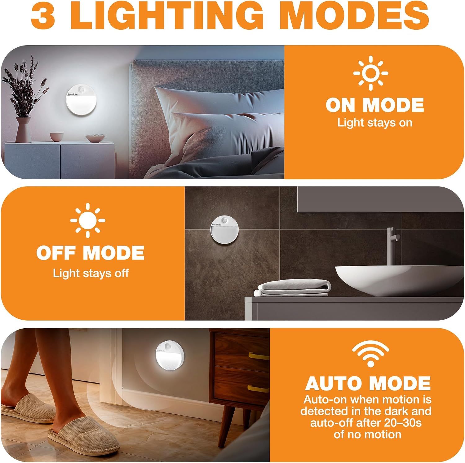 EverBrite Rechargeable Round Motion Sensor LED Night Light, Motion Activated LED Night Light with 3 Lighting Modes, Touch Control, 3…