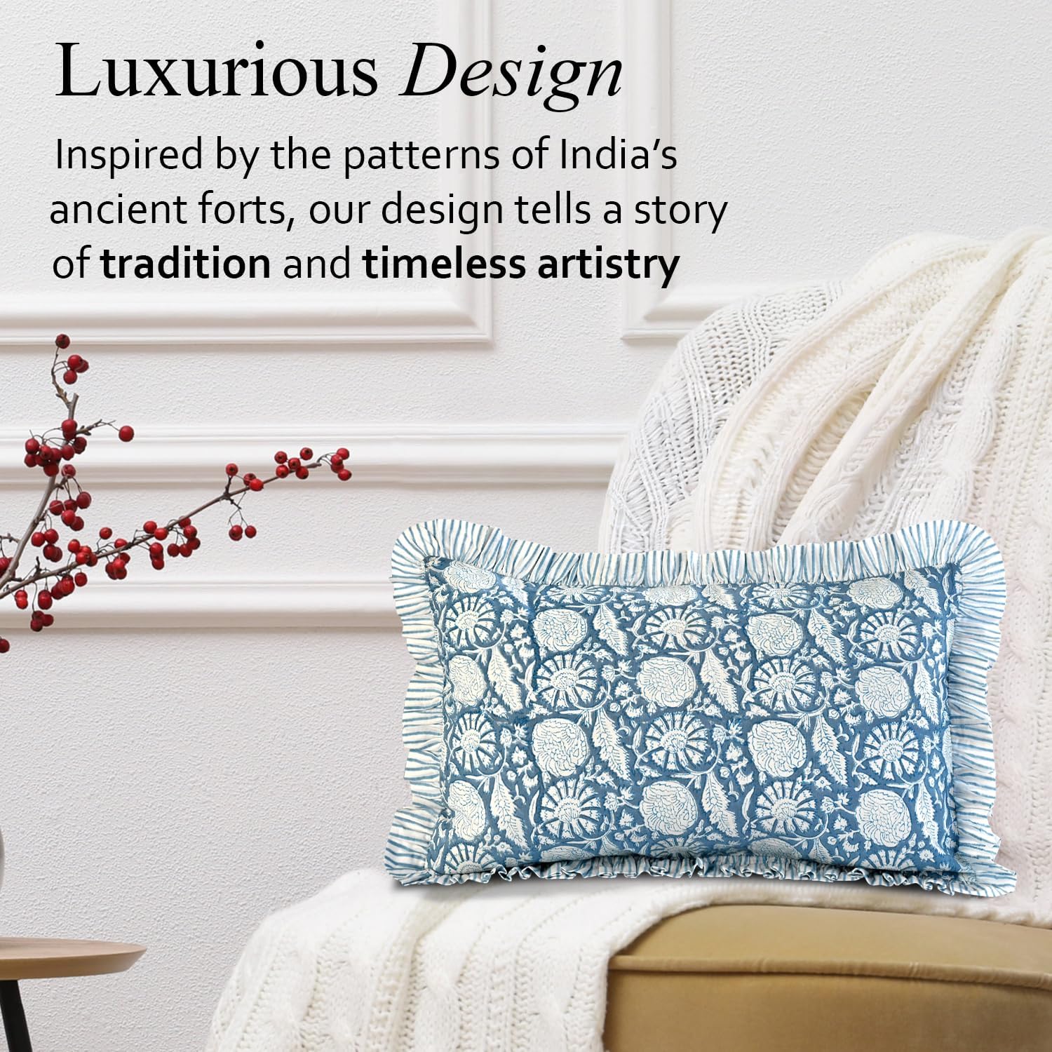 Cottonprintclub CPC Hand Block Print Blue Meadow Ruffle Sham Pillow Cover 20" x 12" inch Hidden Zipper Decorative Pillowcase for Couch, Bed…