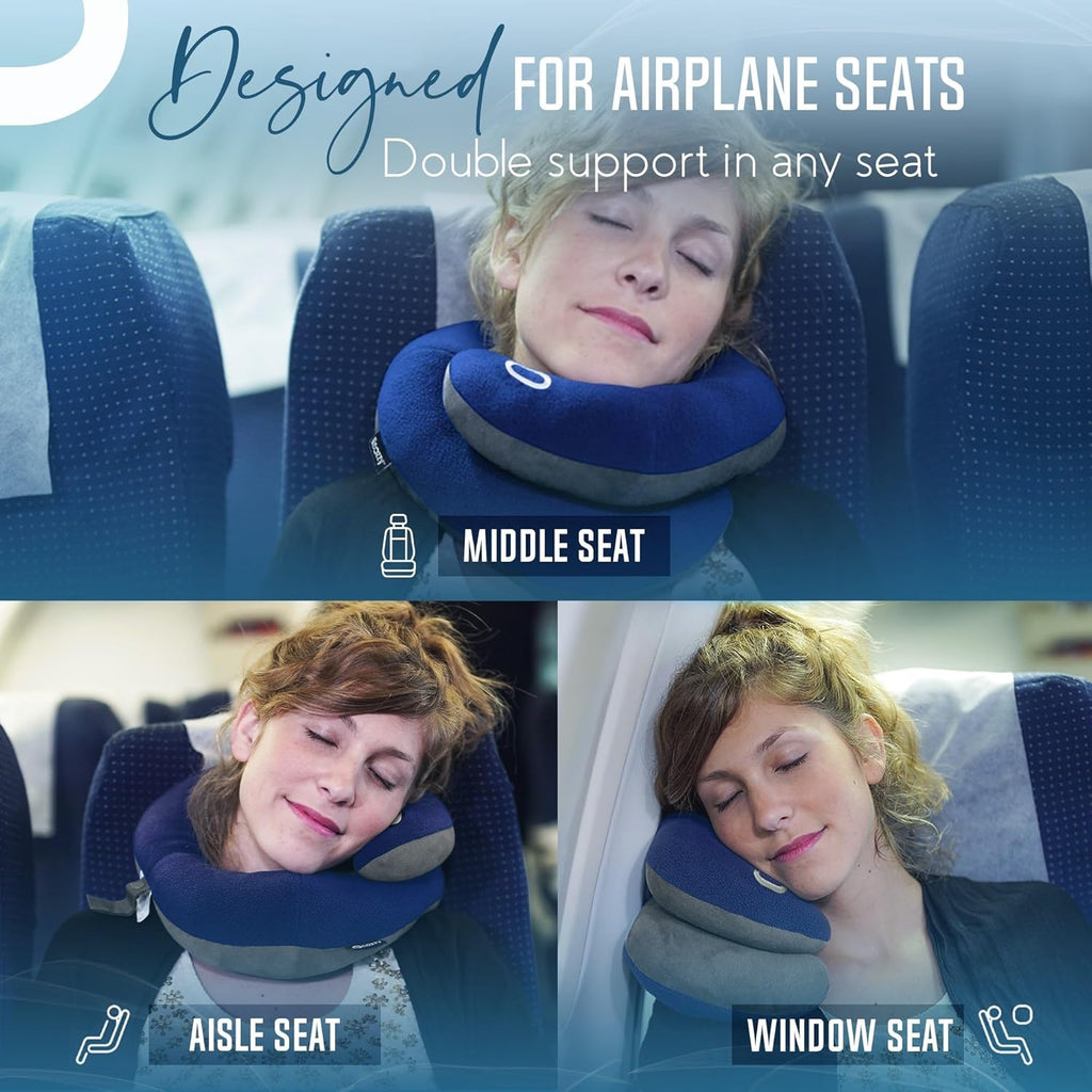 BCOZZY Travel Neck Pillow for Airplane– Patented Double Support for Head, Neck, and Chin. Best for Long Flights, Plane Sleeping, and Car…