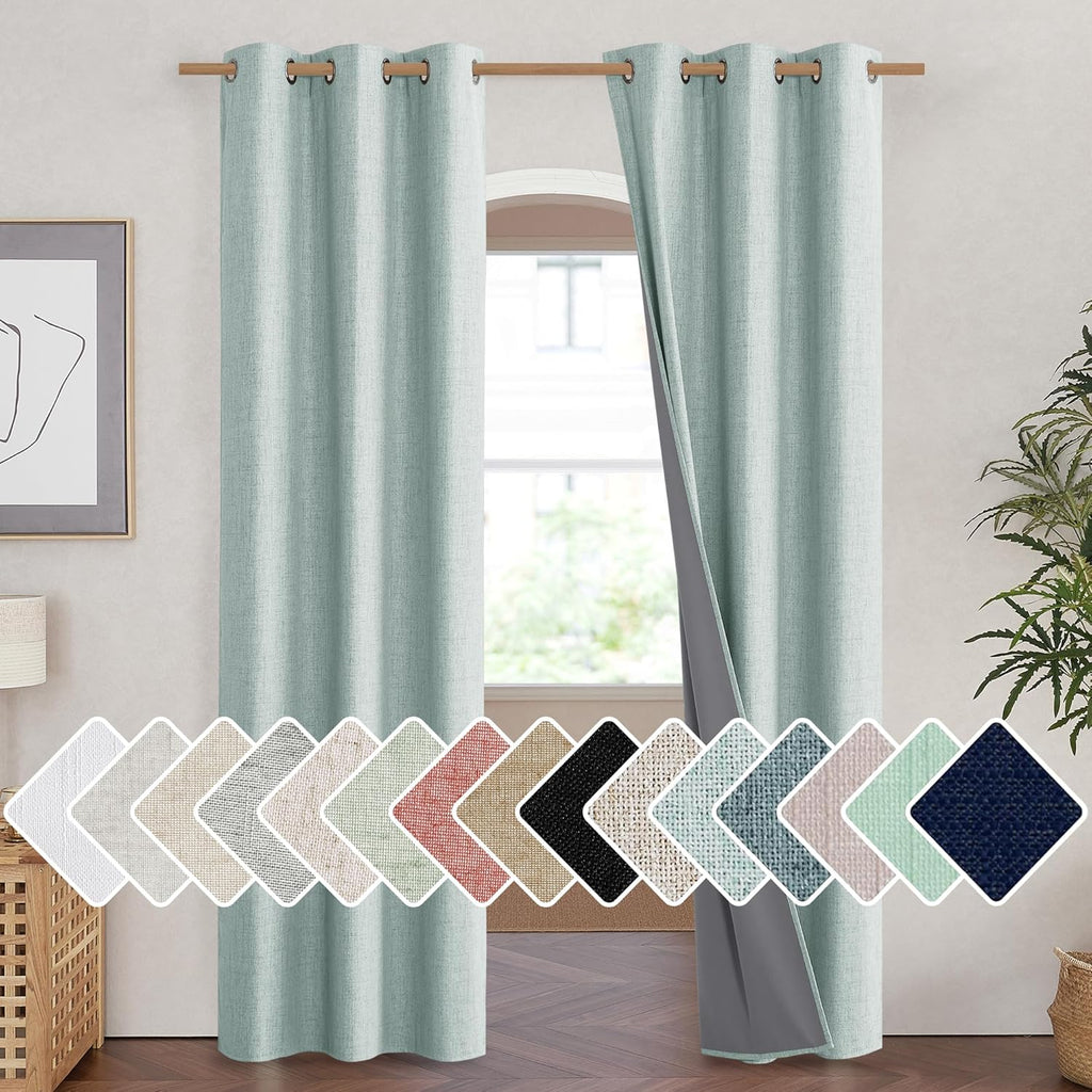 NICETOWN 100% Absolutely Blackout Linen Curtains with Thermal Insulated White Liner, Seafoam Green, 42" Wide, 84" Length Energy Saving…