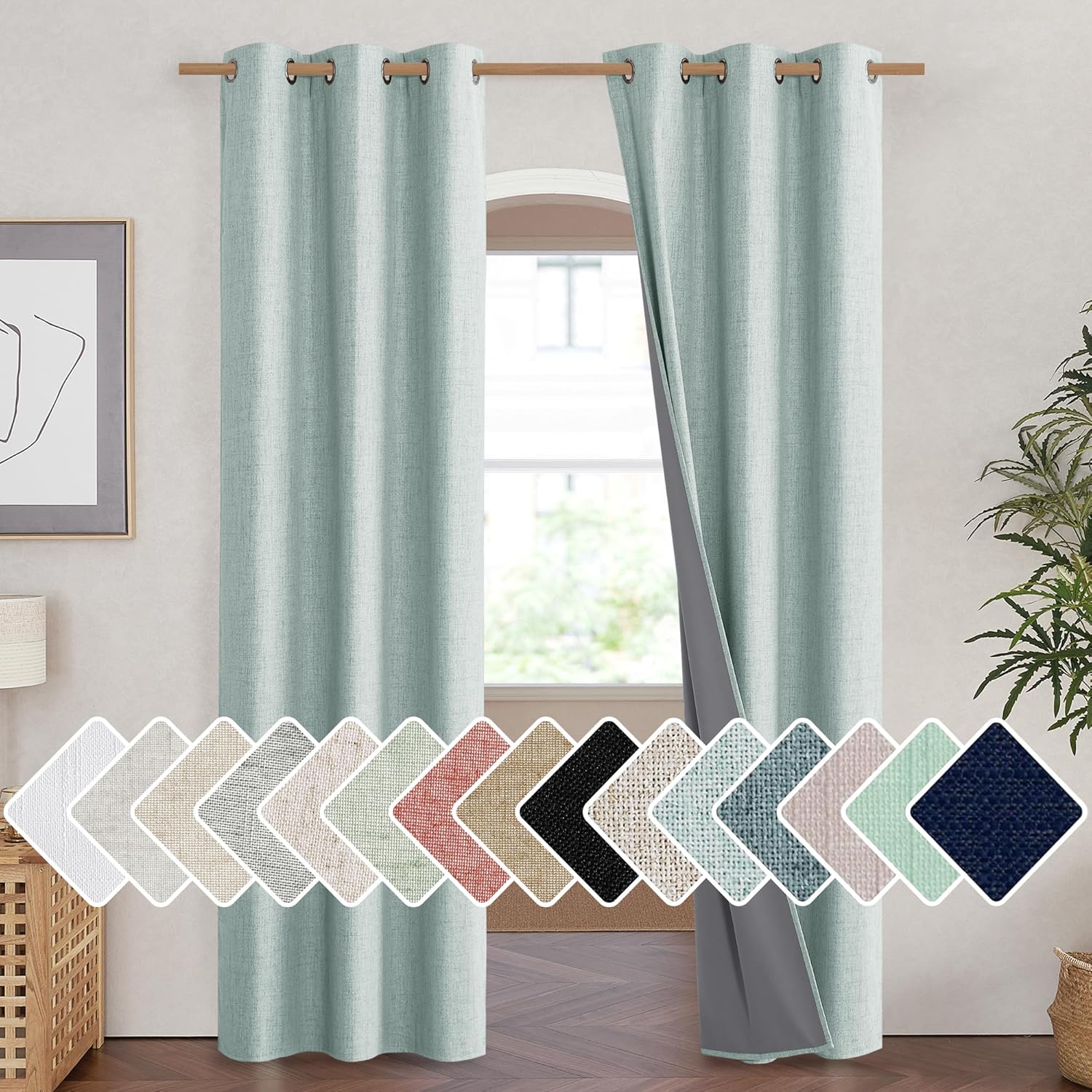NICETOWN 100% Absolutely Blackout Linen Curtains with Thermal Insulated White Liner, Seafoam Green, 42" Wide, 84" Length Energy Saving…