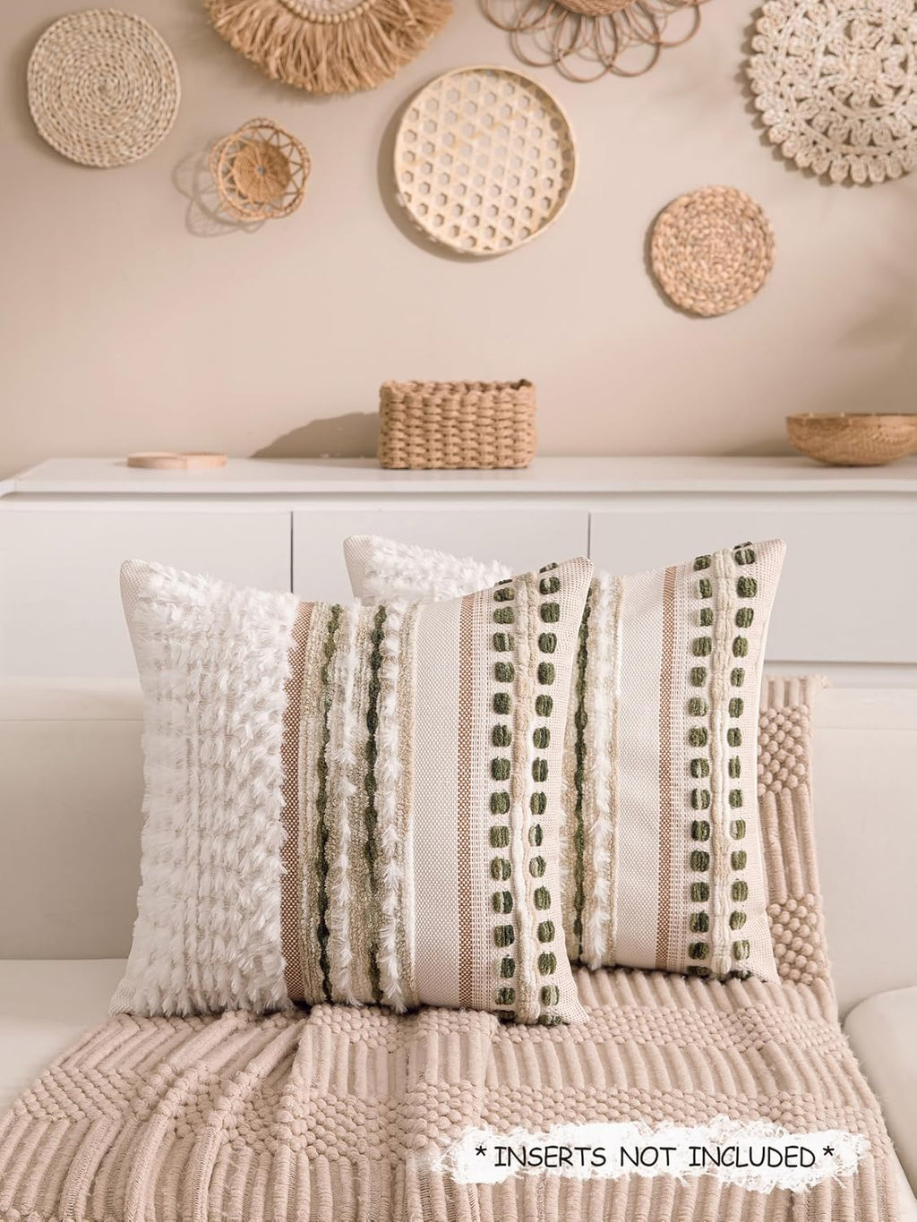 Boho Chenille Tufted Couch Throw Pillow Covers 18x18 Inch Set of 2 Farmhouse Striped Decorative Pillow Covers Accent Neutral Square…