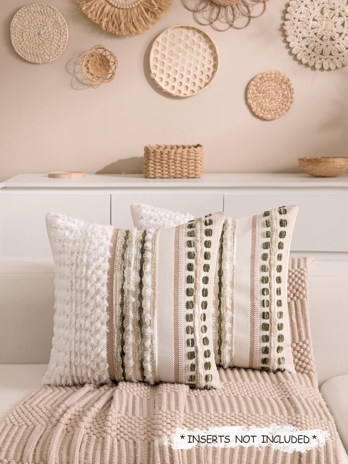 Boho Chenille Tufted Couch Throw Pillow Covers 18x18 Inch Set of 2 Farmhouse Striped Decorative Pillow Covers Accent Neutral Square…