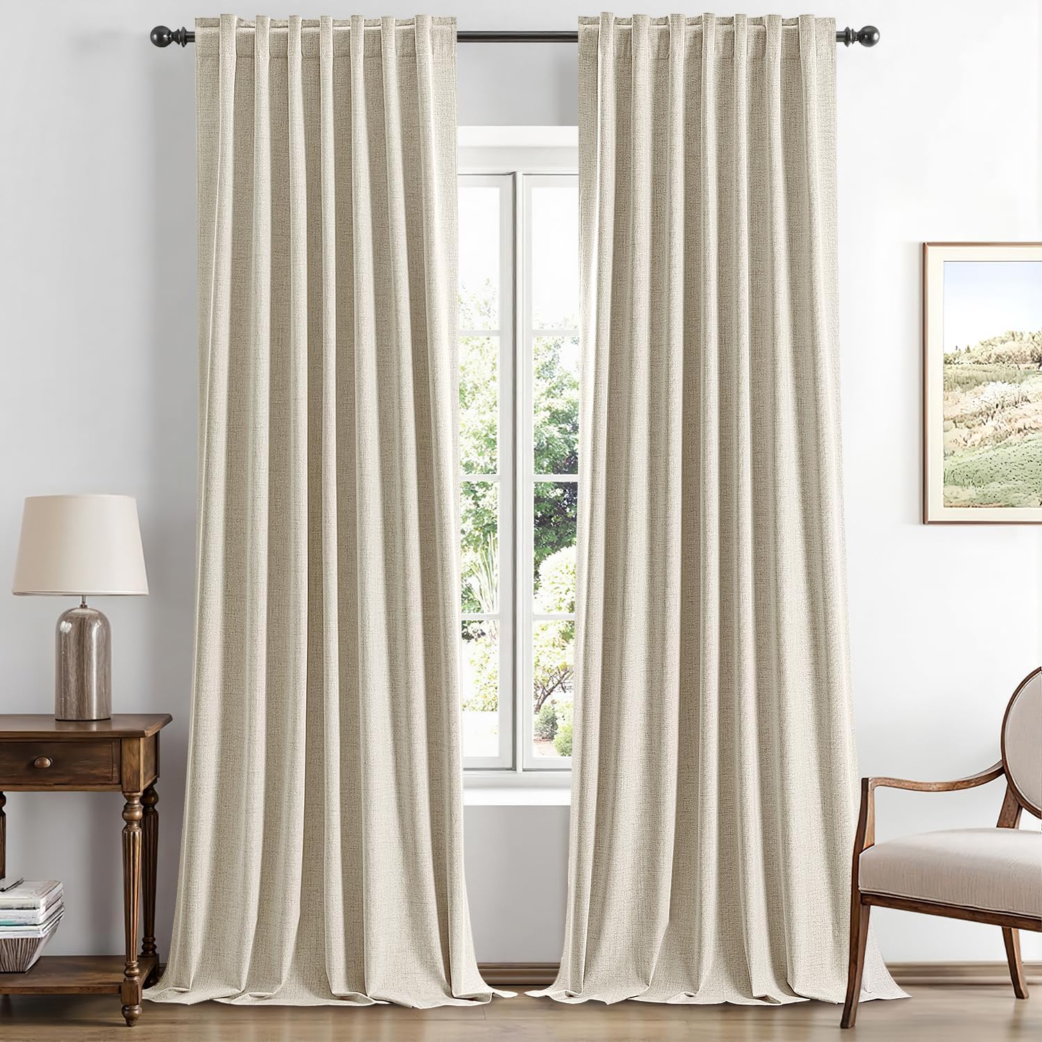 Miulee 100% Blackout Linen Curtains for Bedroom, Cream Solid Luxury Decor Thermal Insulation Room Darkening Drapes for Living Room Nursery…