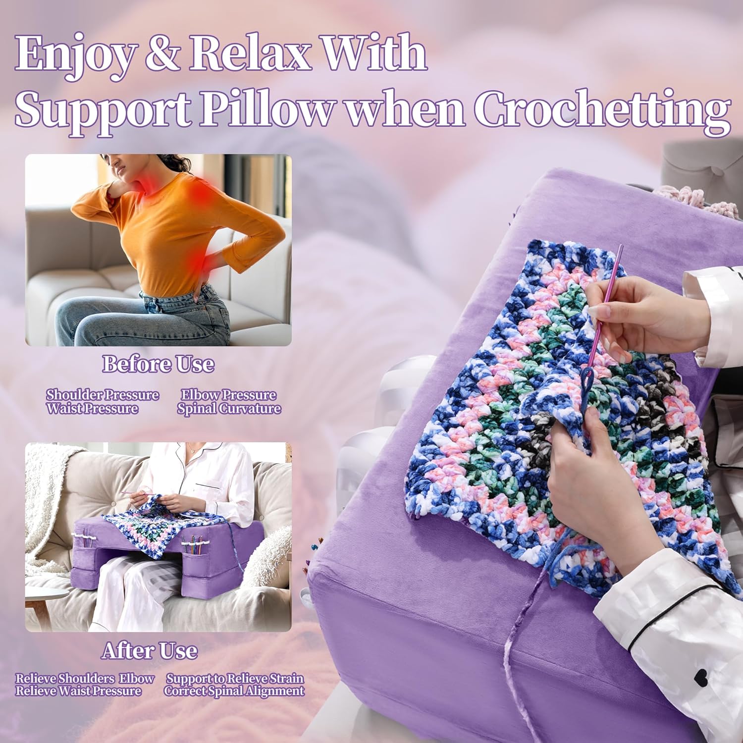 Hombys Adjustable Foam Crochet Pillow for Lap Support, Soft Velvet Reading & Gaming Pillow with Side Pocket and Elastic Band, Desk Pillow f…