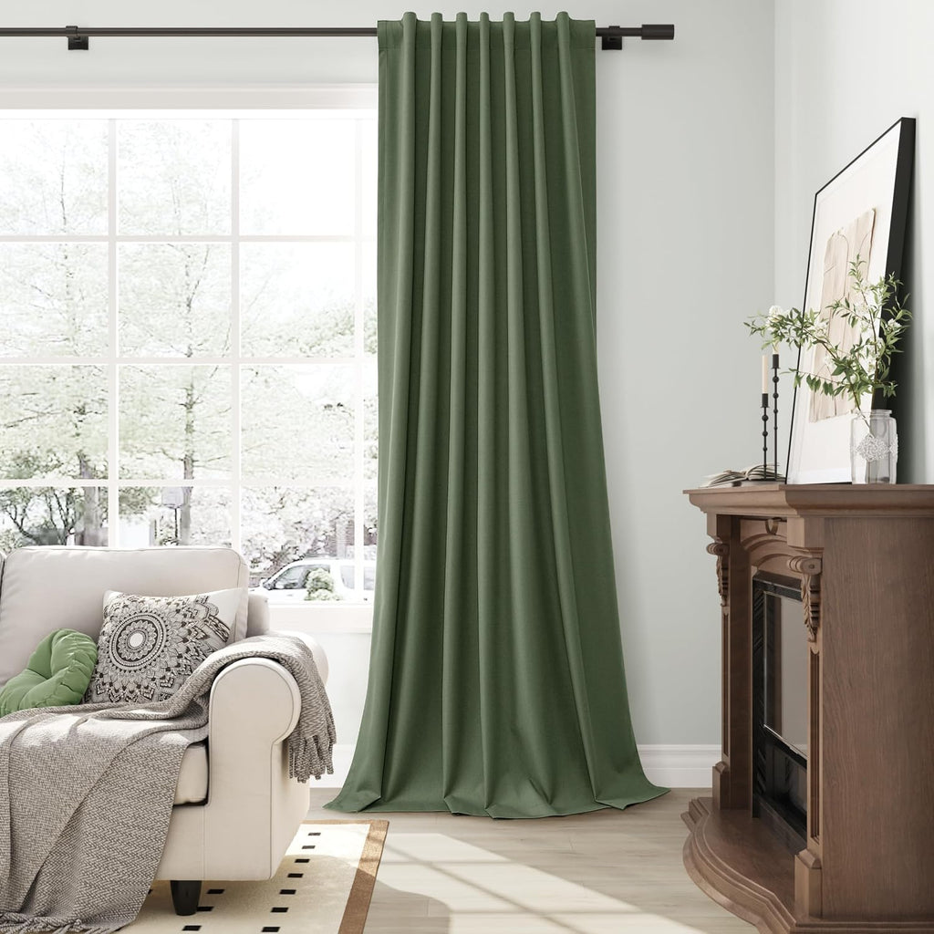 Guken Olive Green 100% Blackout Linen Curtains for Bedroom 105 Inches Long Back Tab Hook Belt Textured Elegant Country Black Out Room Darke…