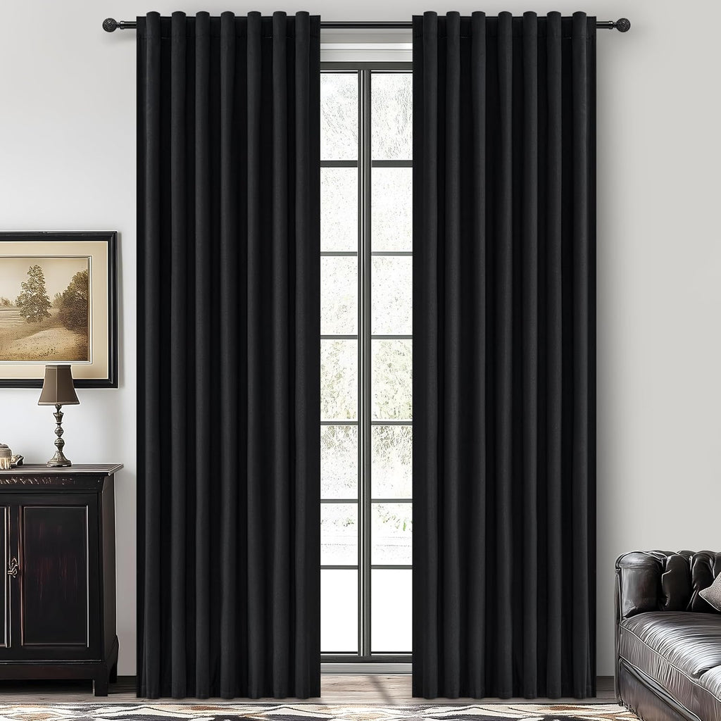 Qjmydeco Black Blackout Curtains 96 Inches Long 2 Panel Set, Sun Blocking Curtains for Bedroom Modern Black Window Linen Drapes Thermal Ins…