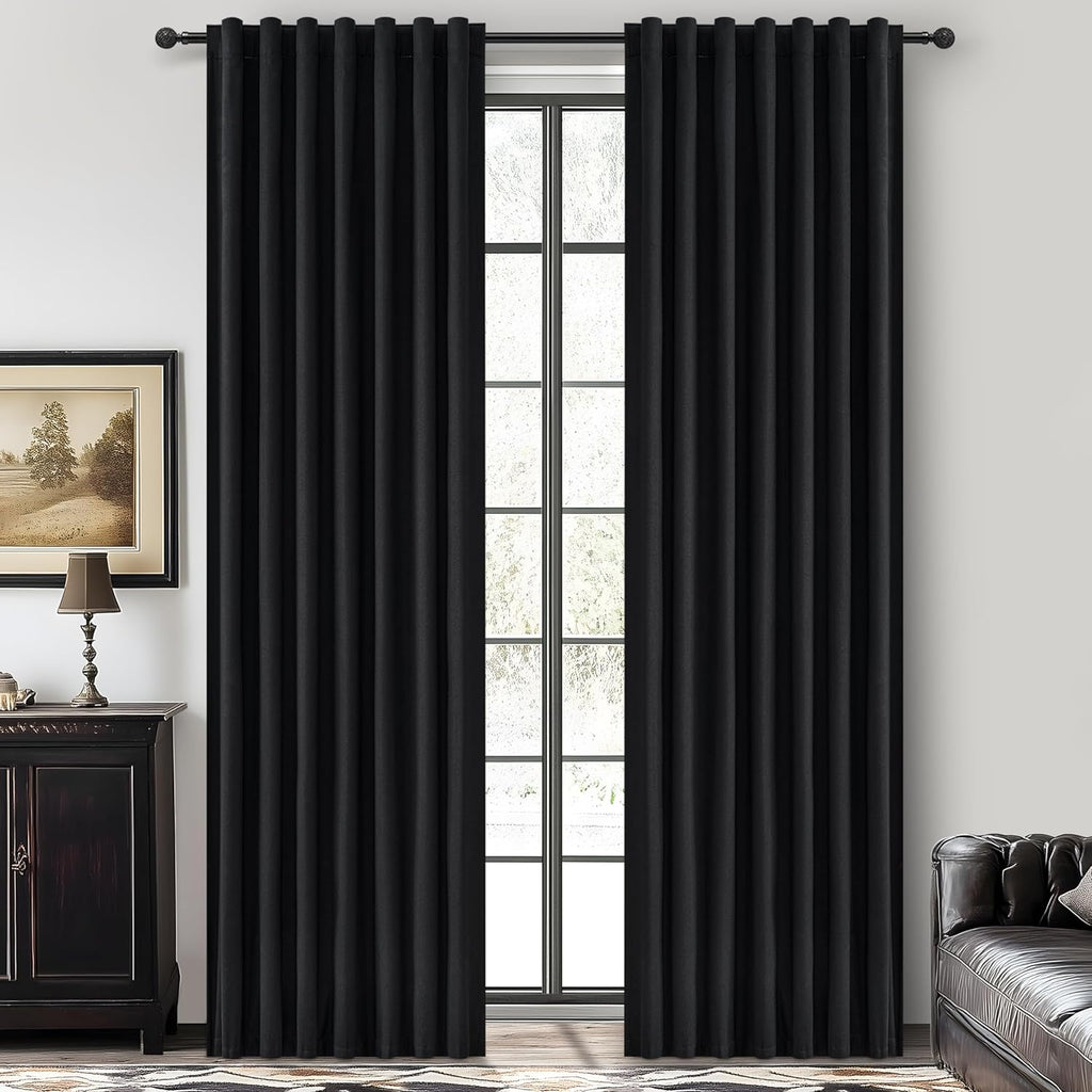 Qjmydeco Room Darkening Black Curtains 108 Inches Long 2 Panels, 9ft Neutral Curtains for Dining/Living Room Heat/Light Blocking Heavy Duty…