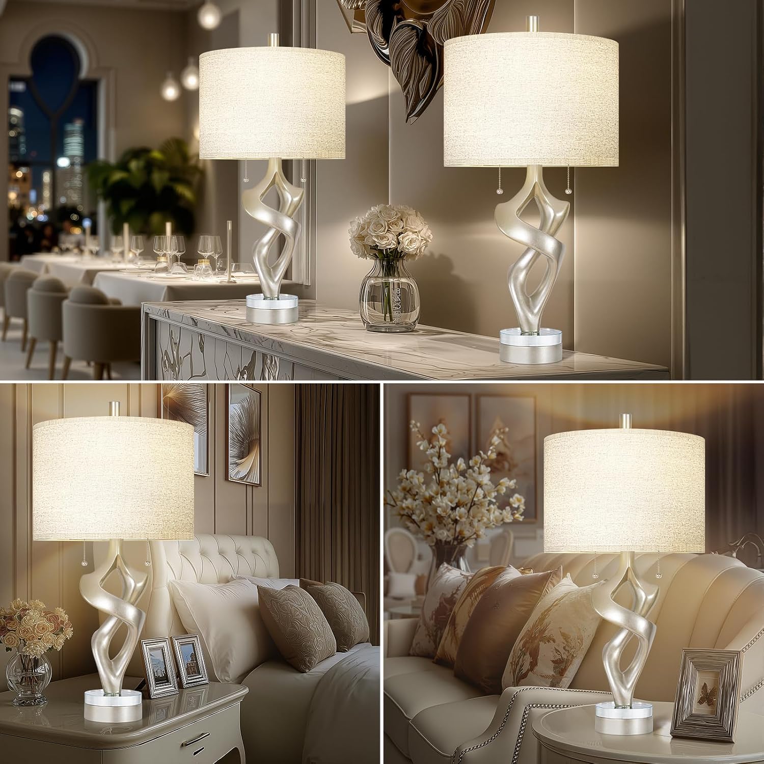 Scenekoy Sculptural Resin Table Lamp Set of 2 with USB Ports for Bedroom Living Room, 26” Antique Silver Leaf Dual Pull Chains Bedside…