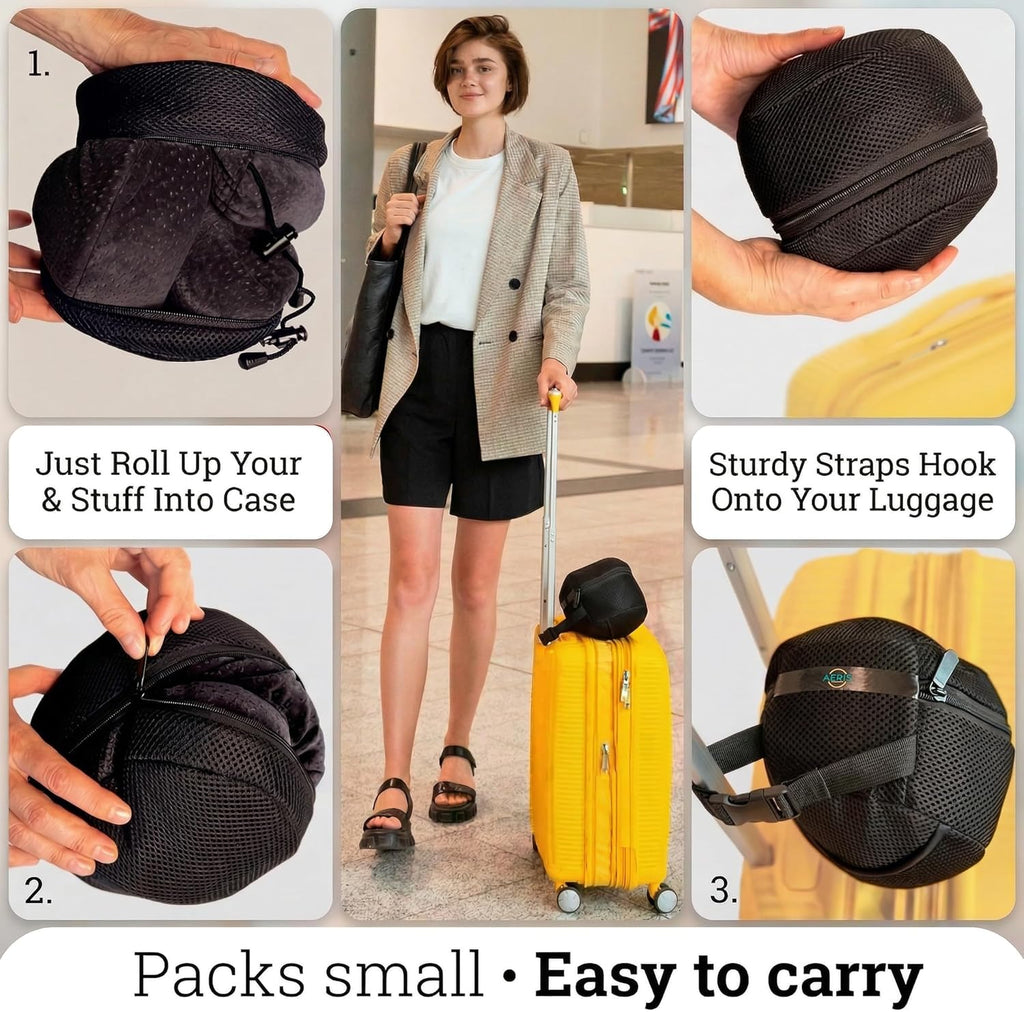 Aeris Memory Foam Travel Pillow for Airplanes - Adjustable Neck Pillow for Long Flights - Carry Bag, Ear Plugs and Eye Mask Included…