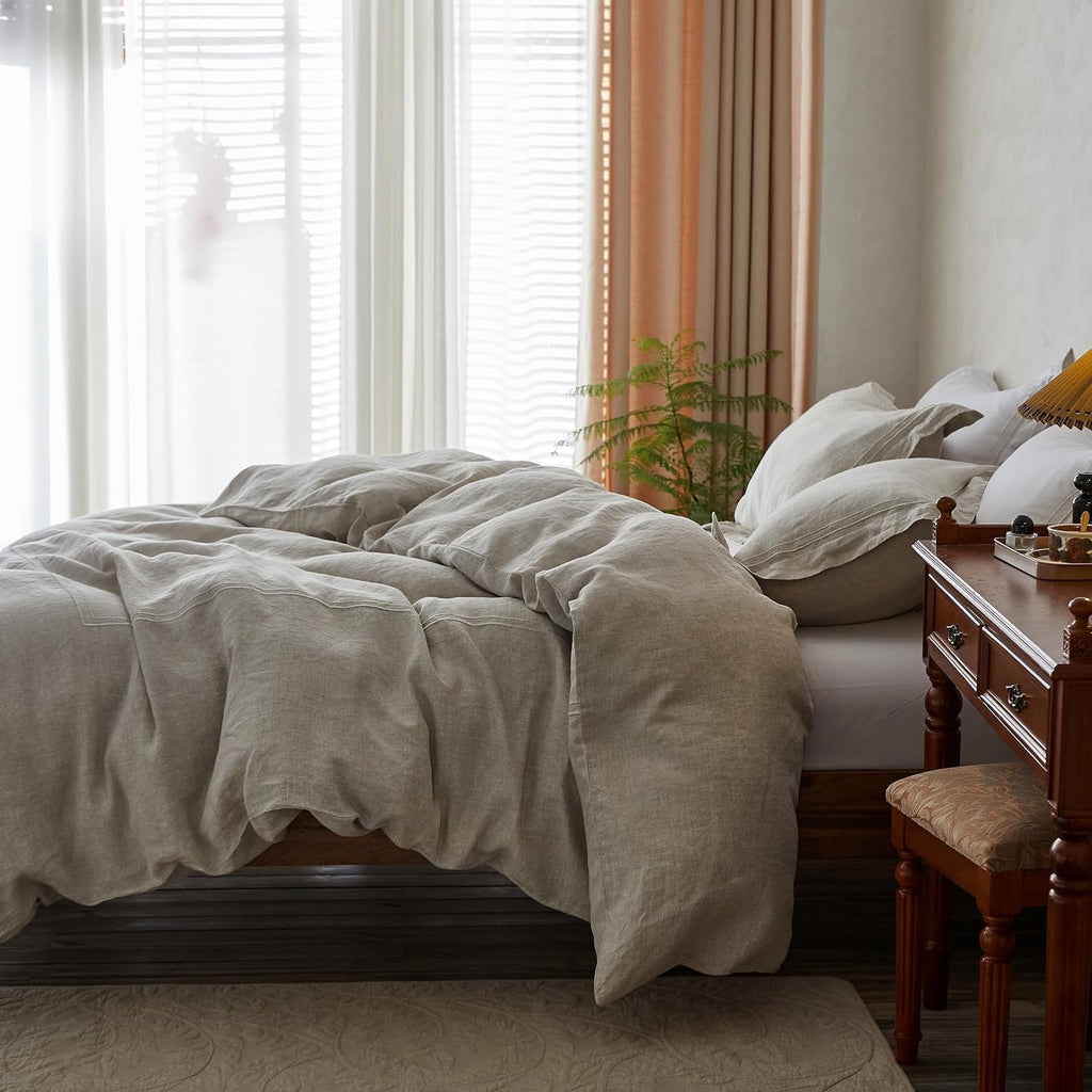 Simple&Opulence 100% Washed Linen Duvet Cover Set 78"x86" - 3 Pieces Soft Farmhouse Comforter Set Double Embroidered with Button Closure…