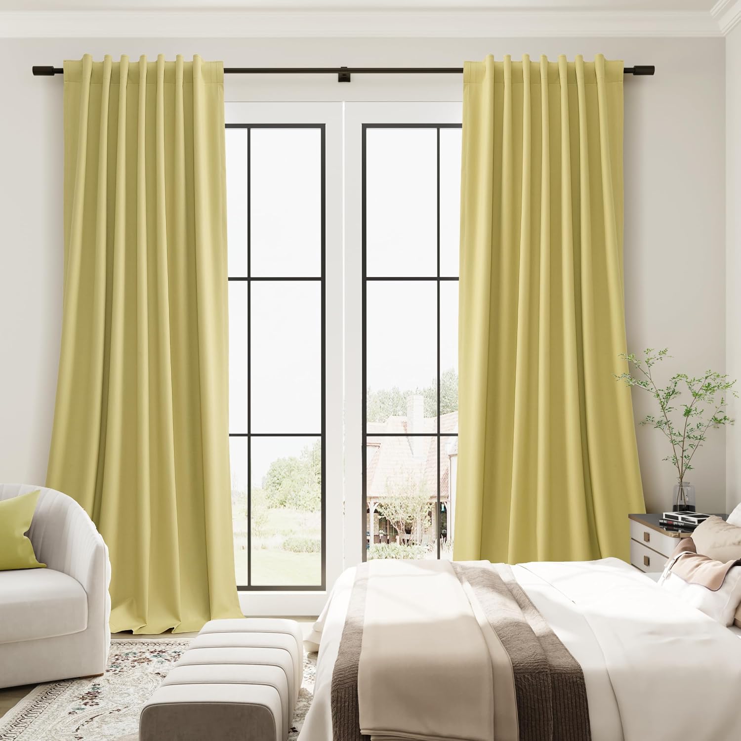 Guken Yellow Linen 100% Blackout Curtains for Bedroom 96 Inches 2 Panel Sets Room Darkening Black Out Thermal Insulated Soundproof Back Tab…